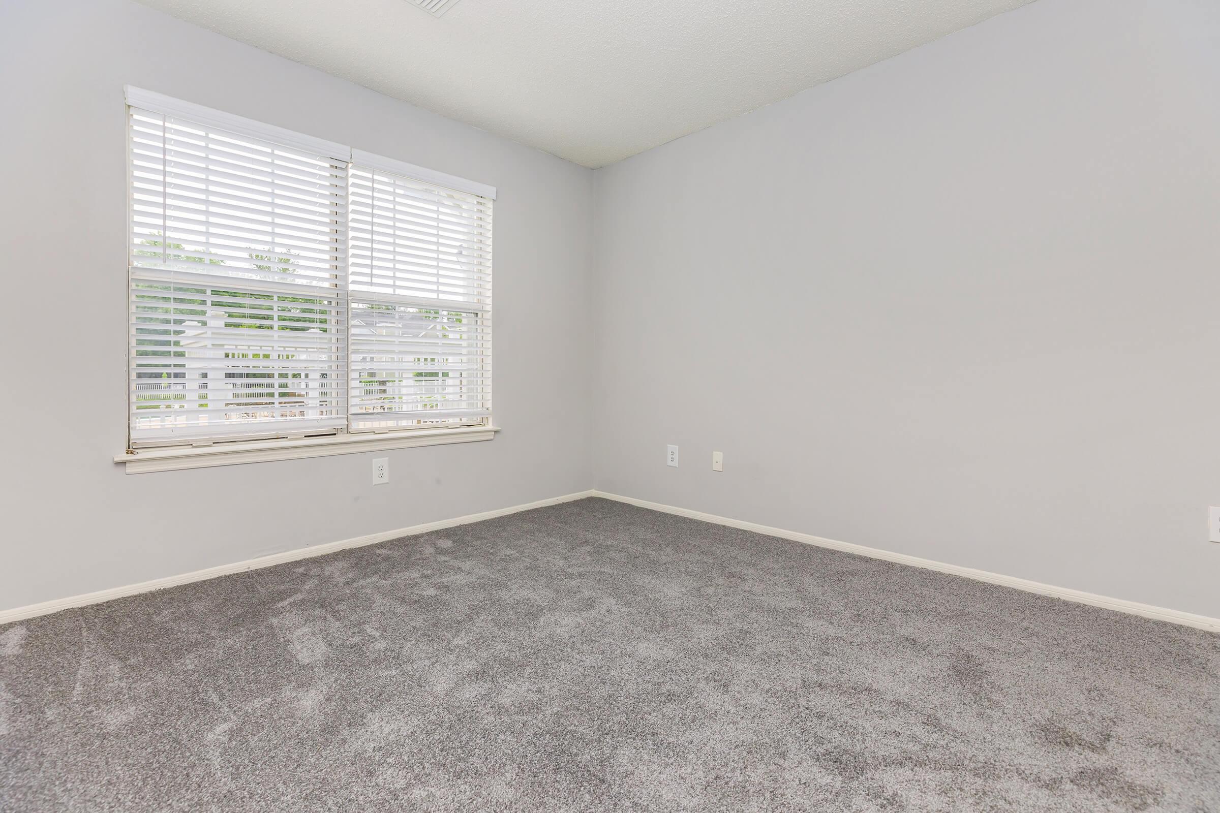 A sparsely furnished room with light gray walls and a large window covered by white blinds, allowing natural light to enter. The floor is covered in soft gray carpet, and there are no visible decorations or furniture, creating a clean and minimalist atmosphere.