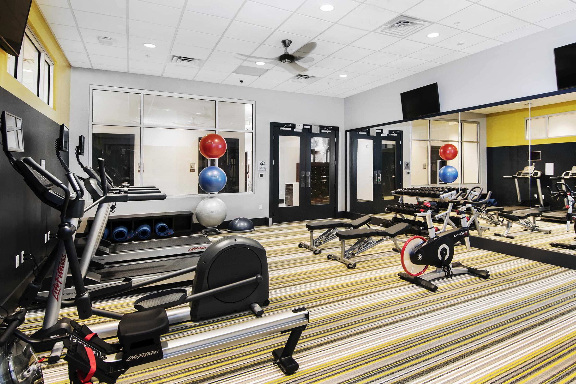 A modern gym interior featuring exercise equipment such as elliptical machines, a stationary bike, weight benches, and free weights. Colorful exercise balls are visible, along with large mirrors and wall-mounted TVs. The room has a bright and spacious atmosphere with striped carpeting.