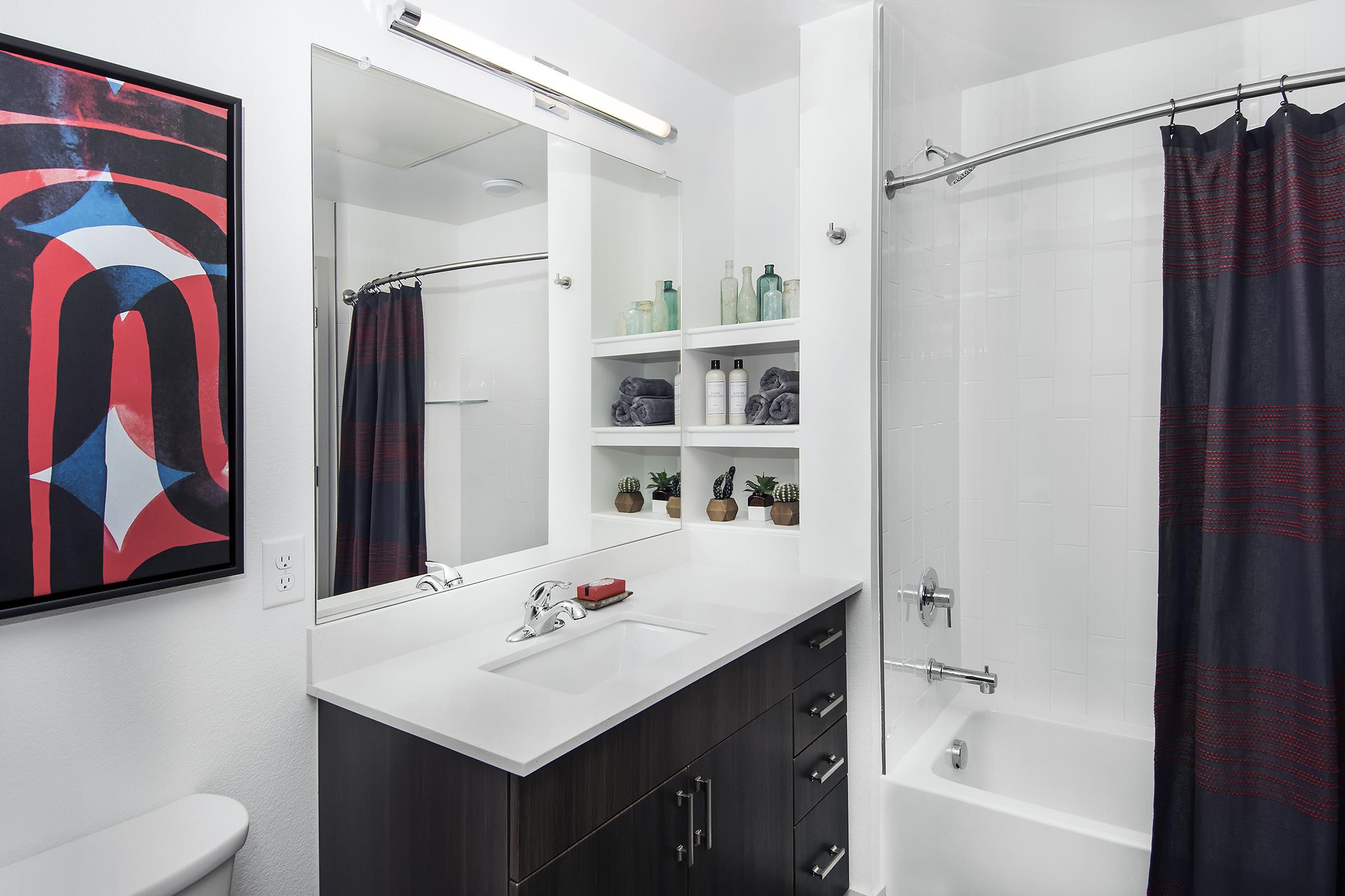 Modern bathroom featuring a clean design with a white countertop, dark wood cabinetry, and a large mirror. The shower area has a glass door and a red and blue striped curtain. Decorative items include plants and neatly arranged towels, creating an inviting and functional space.