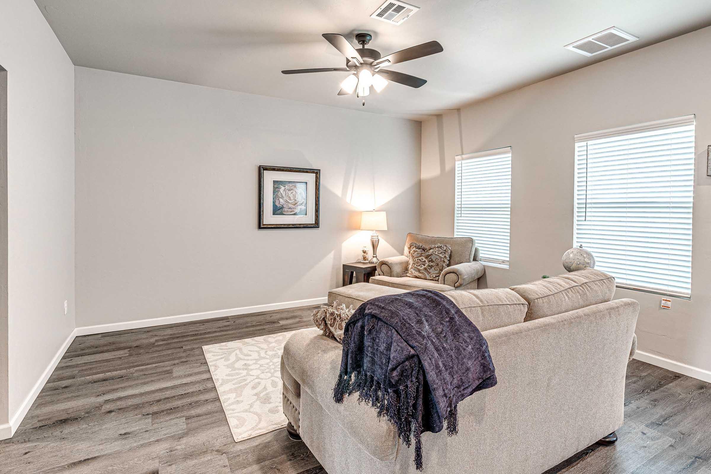 A modern living room featuring a beige sofa with a dark throw blanket, two armchairs, a small side table with a lamp, and a framed artwork on the wall. Natural light streams in through two windows with white blinds, and the room has a dark wood floor and a decorative light-colored area rug.