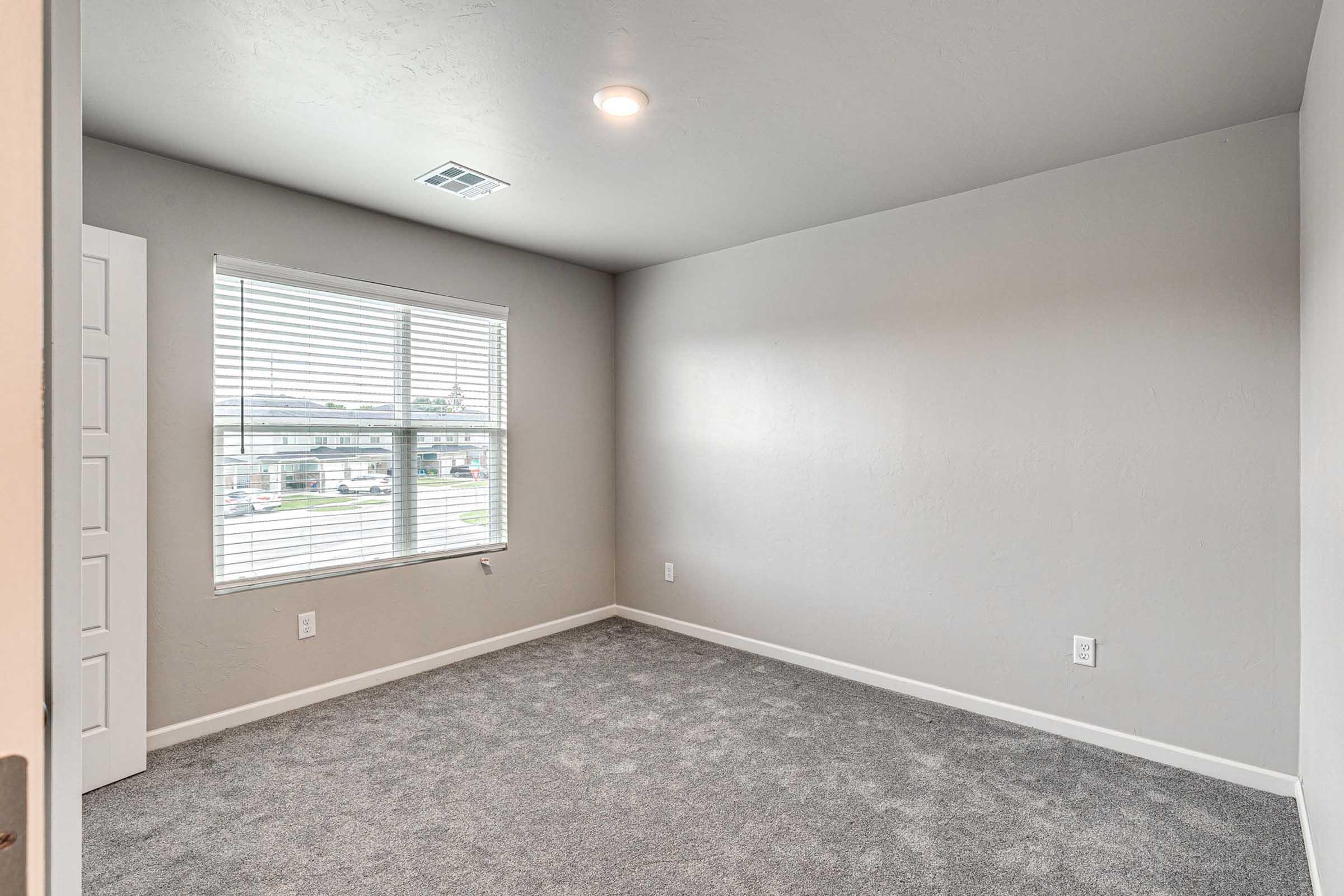 A well-lit, empty room with gray carpet and light gray walls. It features a window with blinds, allowing natural light to enter, and a simple ceiling light. There is a closed white door on one side, giving a sense of spaciousness and neutrality, suitable for various uses like a bedroom or office.