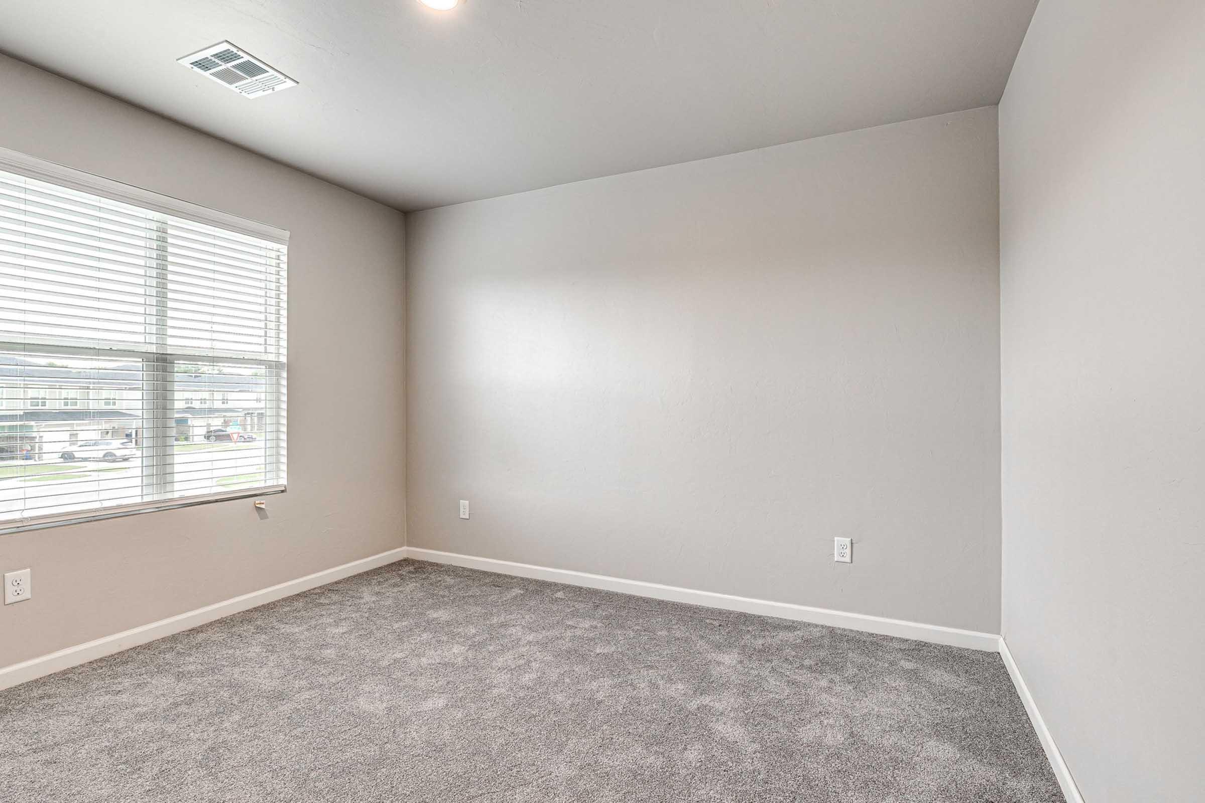 A well-lit empty room with gray carpet and light-colored walls. There is a window with blinds on one wall, allowing natural light to enter. The opposite wall contains no decorations or furniture, emphasizing the spaciousness of the area.