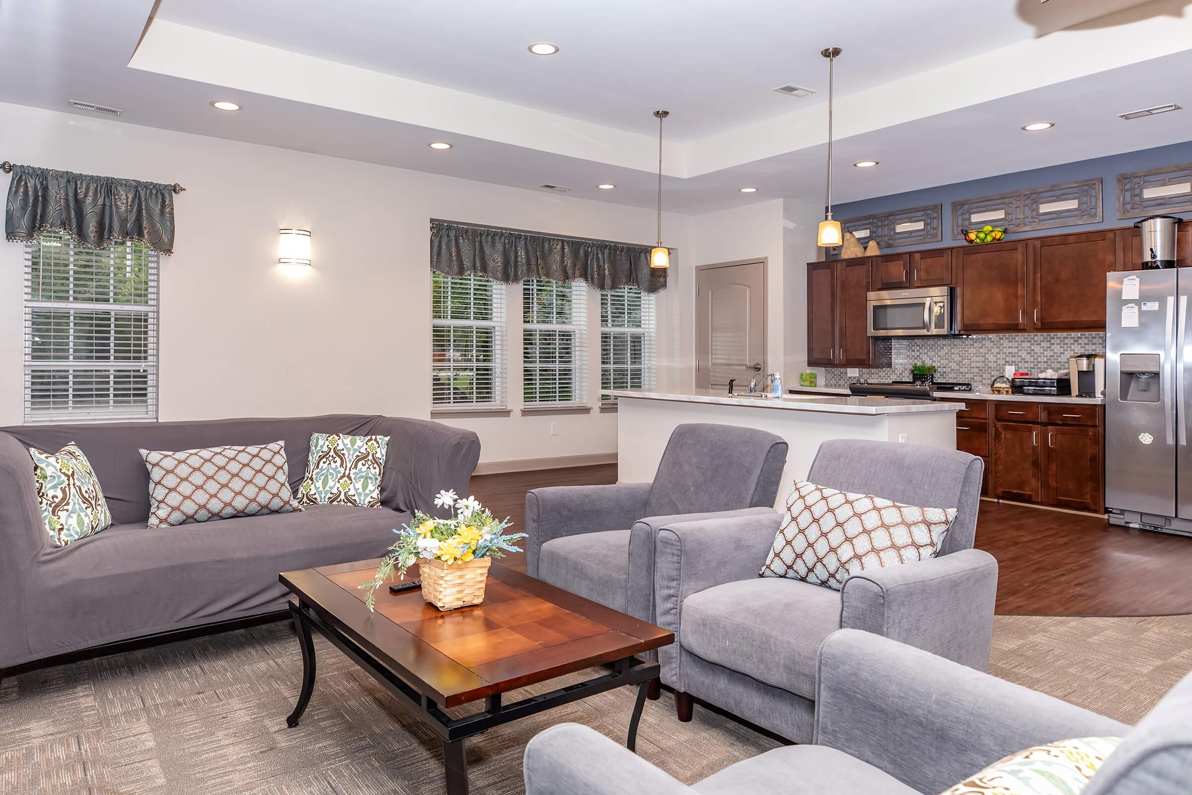 A cozy living area featuring two gray sofas with decorative cushions and a coffee table at the center. The room has natural light from multiple windows, a modern kitchen with dark wood cabinets and stainless steel appliances in the background, and decorative plants. A welcoming and stylish atmosphere.