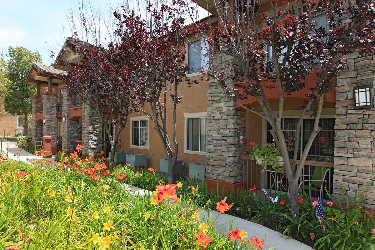 Harmony Terrace Senior Apartment Homes community building with green shrubs and flowers