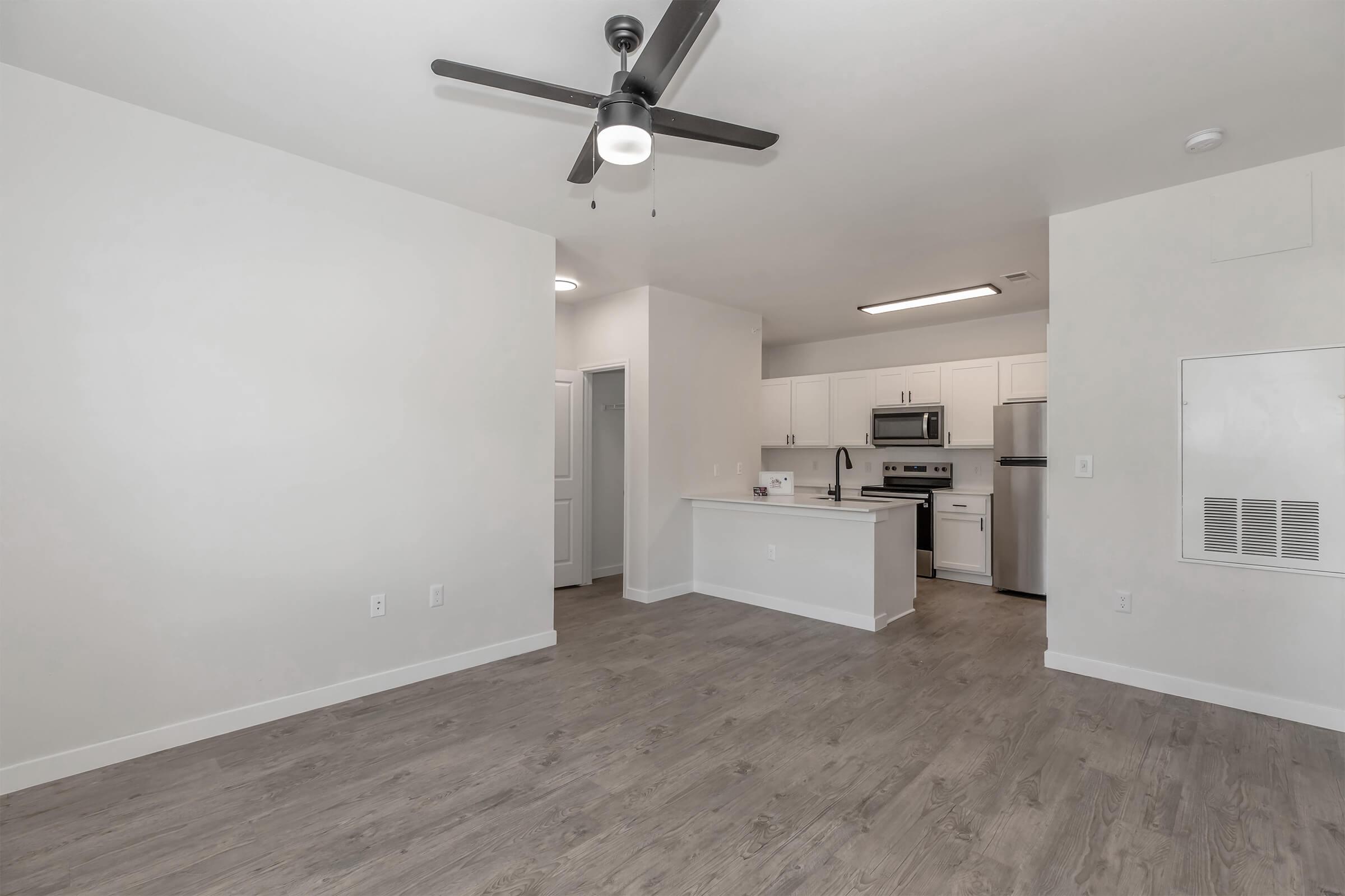 Spacious modern apartment featuring an open floor plan with a kitchen featuring stainless steel appliances, a ceiling fan, and light-colored walls. The living area has hardwood-style flooring and ample natural light, creating a bright and inviting atmosphere.