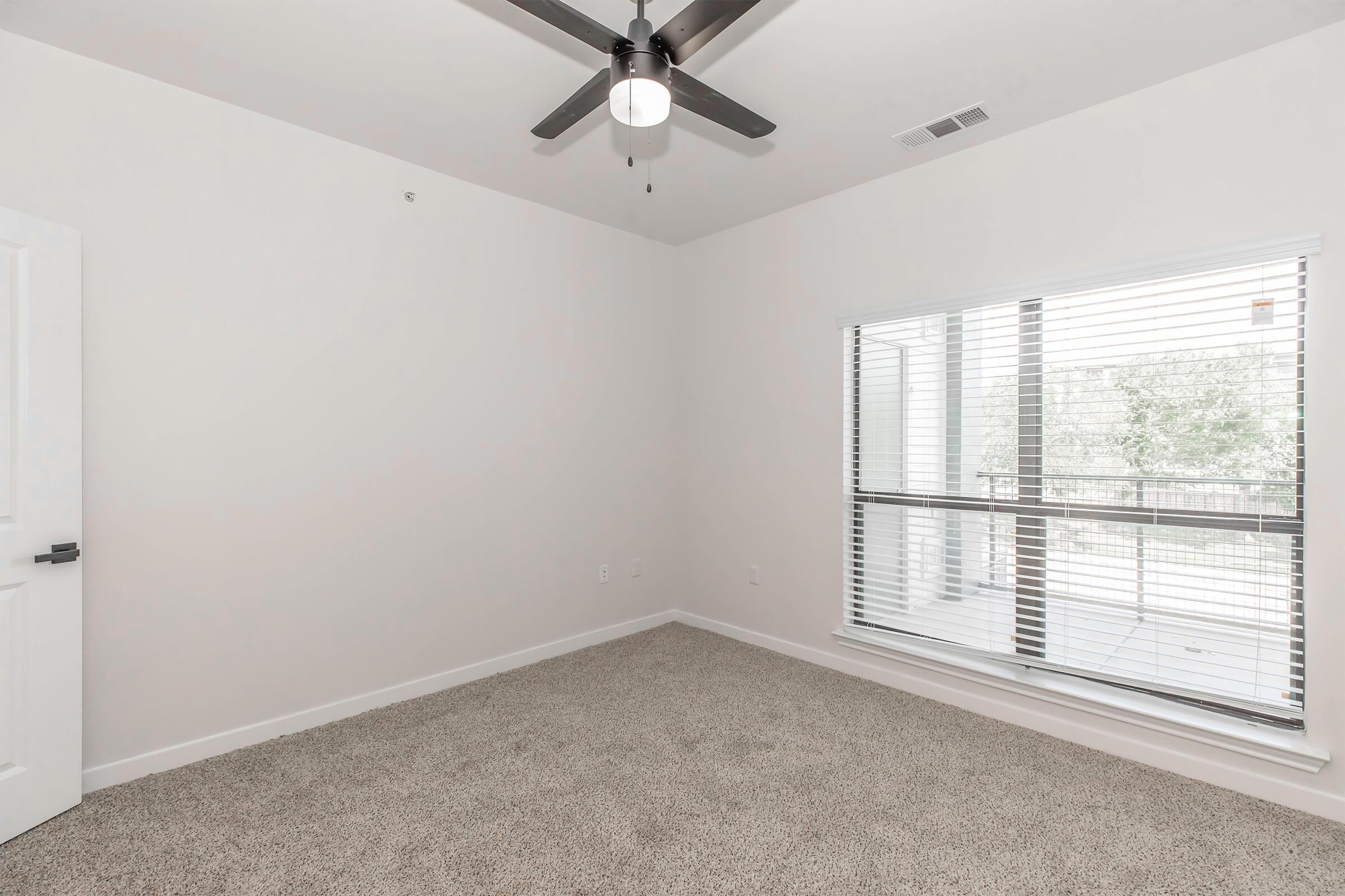 Empty room with light gray carpet, white walls, and a ceiling fan. A large window with blinds provides natural light, showing a view of greenery outside. The space is minimalistic, featuring no furnishings or decorations.