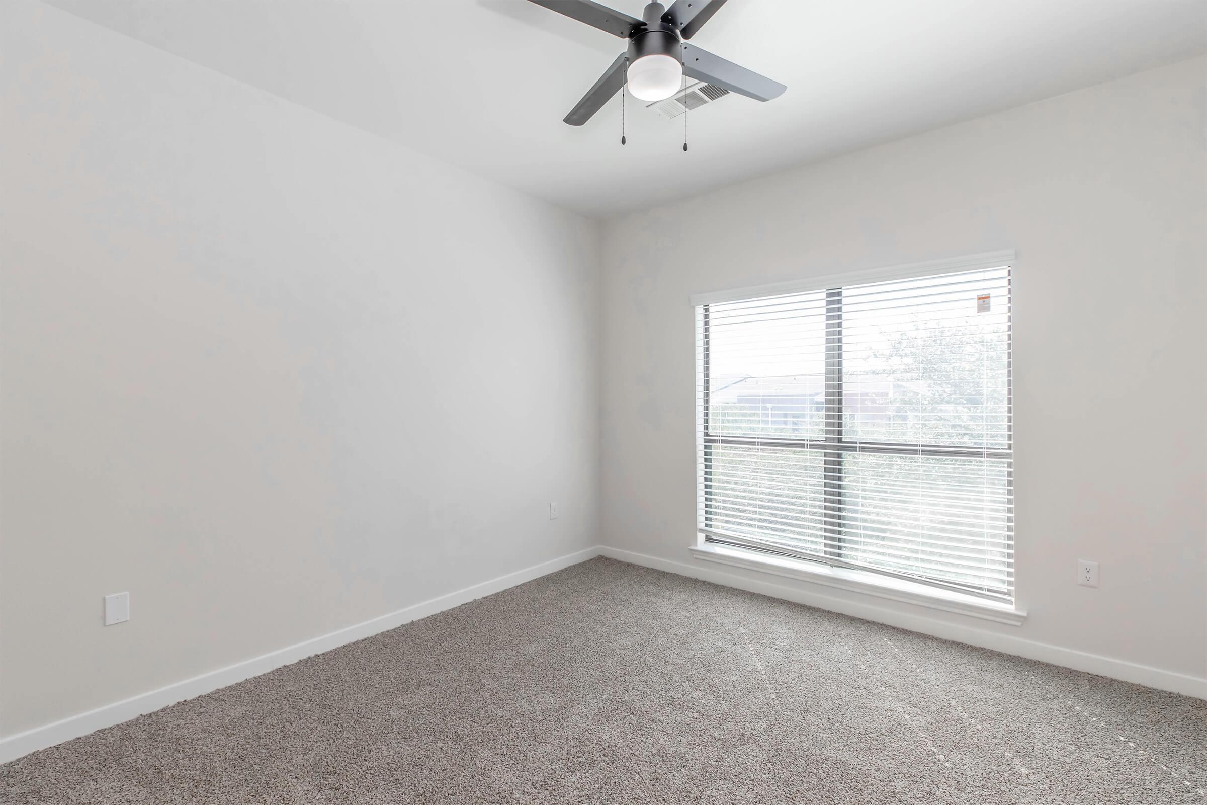 A well-lit empty room featuring light gray walls, a ceiling fan with a light fixture, and a large window with white blinds. The floor is covered in plush beige carpeting, creating a cozy atmosphere.