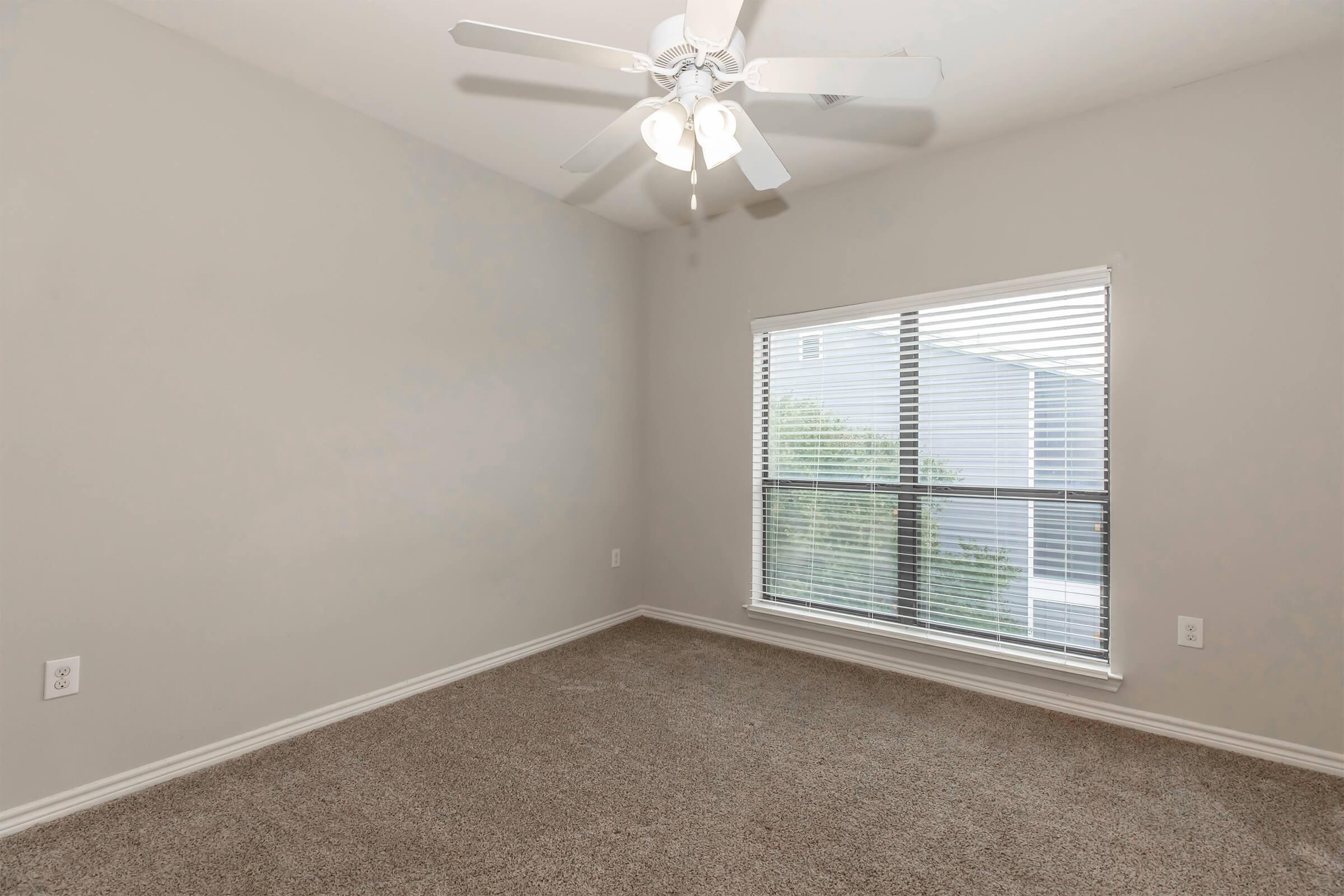 An empty room with light gray walls and a ceiling fan. The floor is covered in light beige carpet. A large window with white blinds lets in natural light, showing greenery outside. There are no furnishings or decorations in the room.