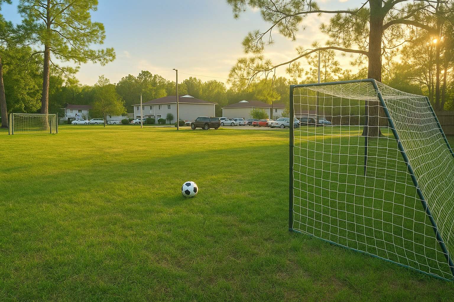 A serene soccer field at sunset, featuring a lone soccer ball near a goalpost. In the background, there are residential buildings and parked cars surrounded by lush green grass and tall trees, creating a peaceful outdoor atmosphere.