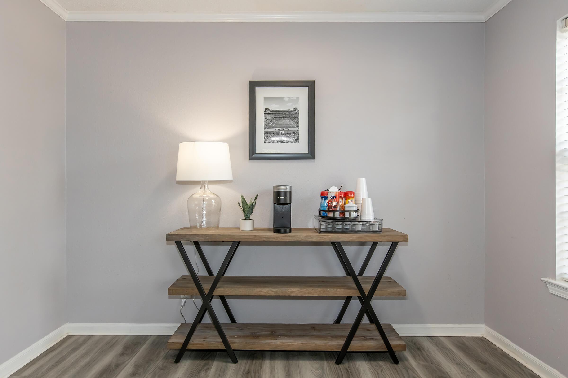 a room with a wooden table