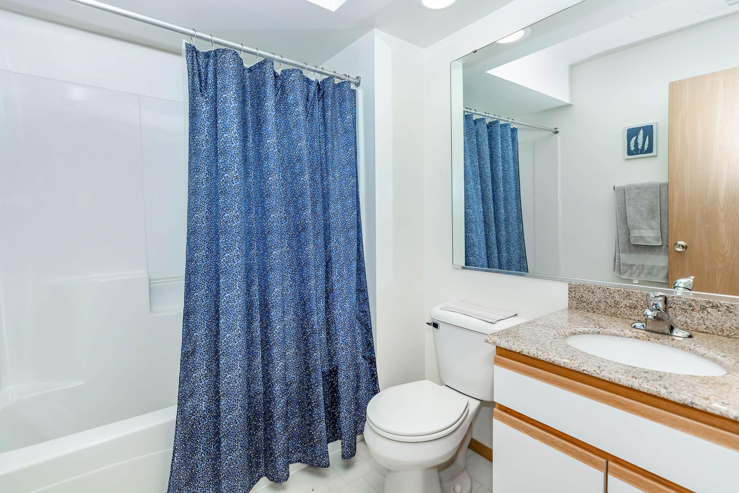 a shower curtain next to a sink