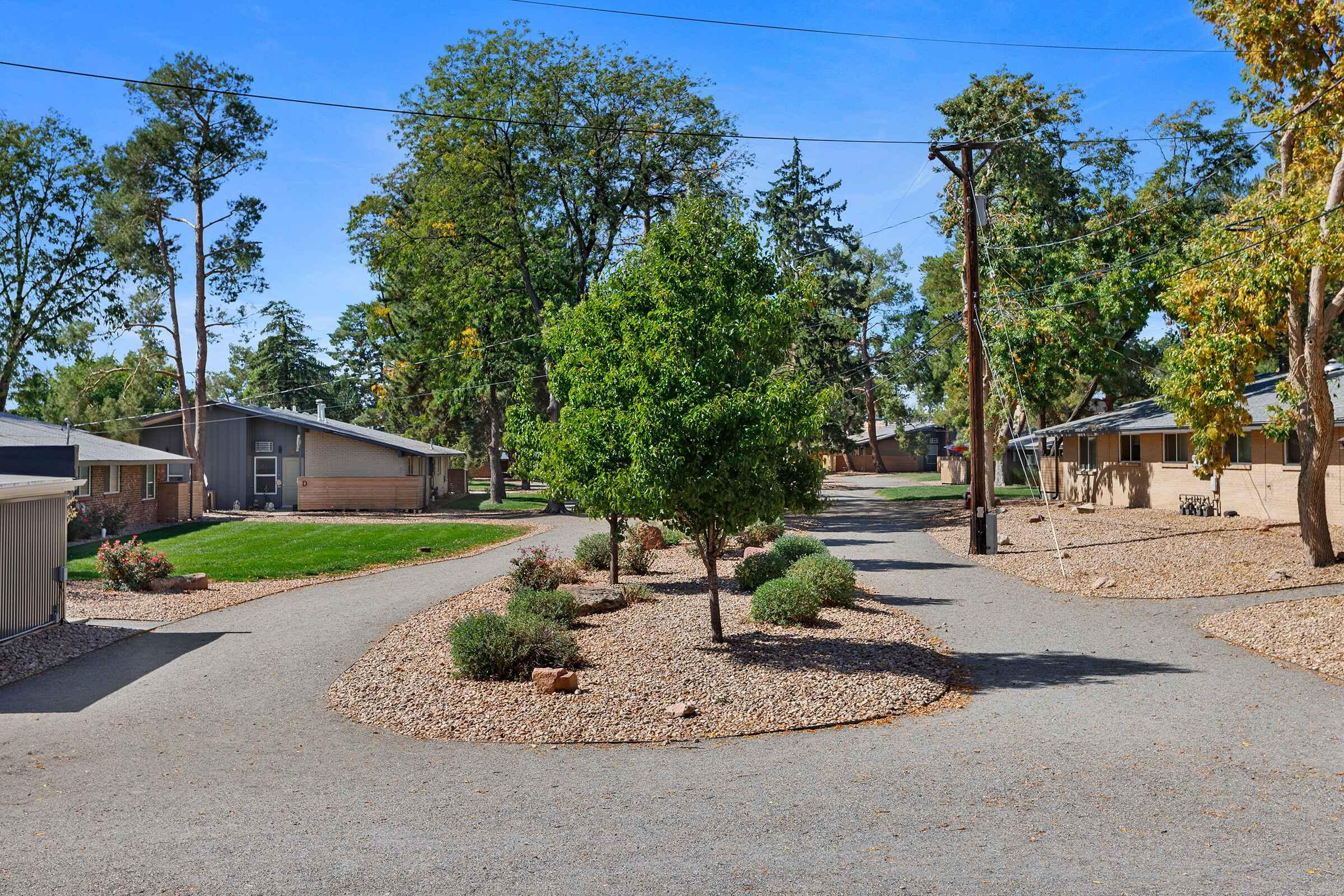 A winding gravel pathway surrounded by trees and shrubs, leading to several houses. The scene features a clear blue sky and a serene residential neighborhood with well-maintained landscaping.