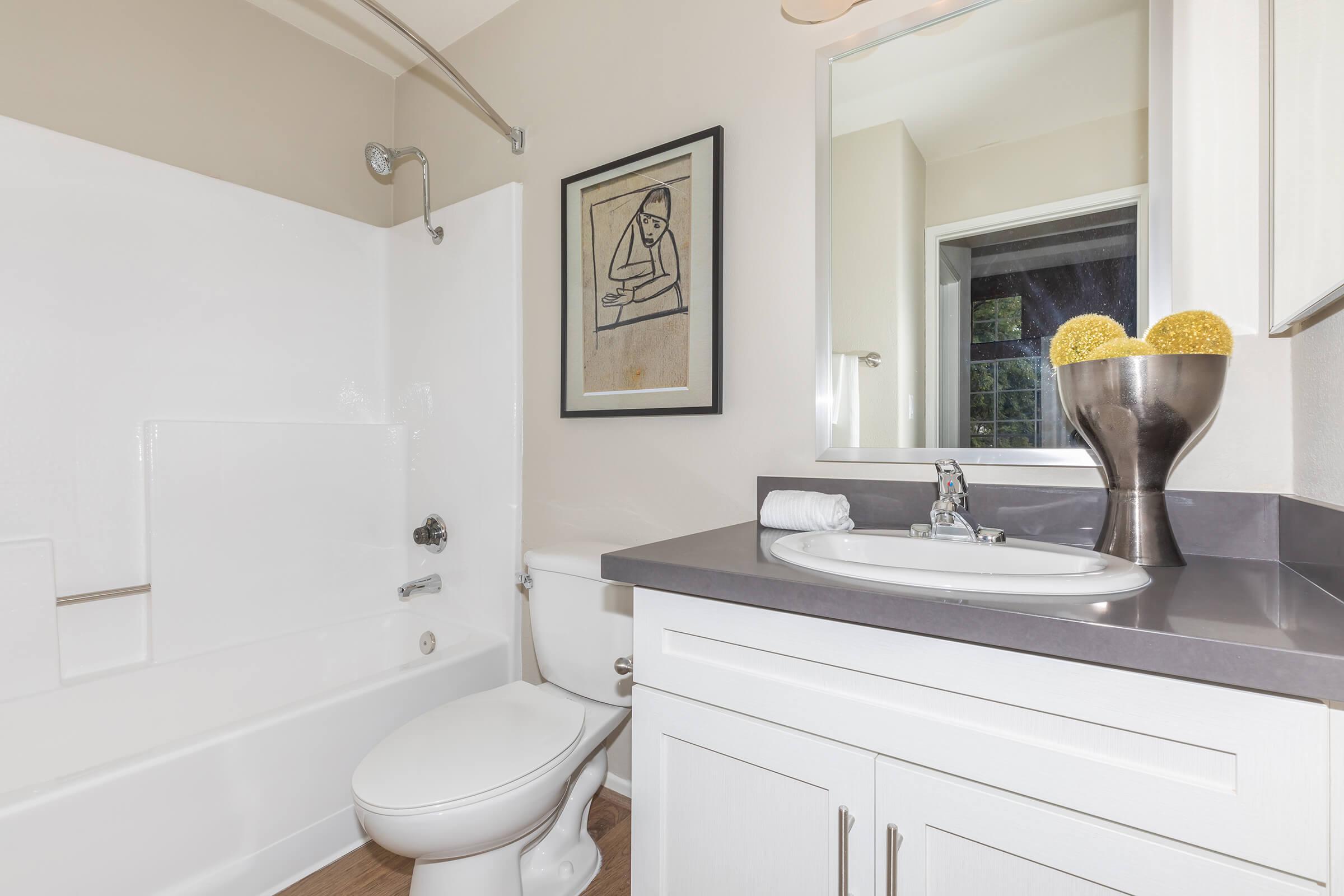 a white sink sitting under a mirror
