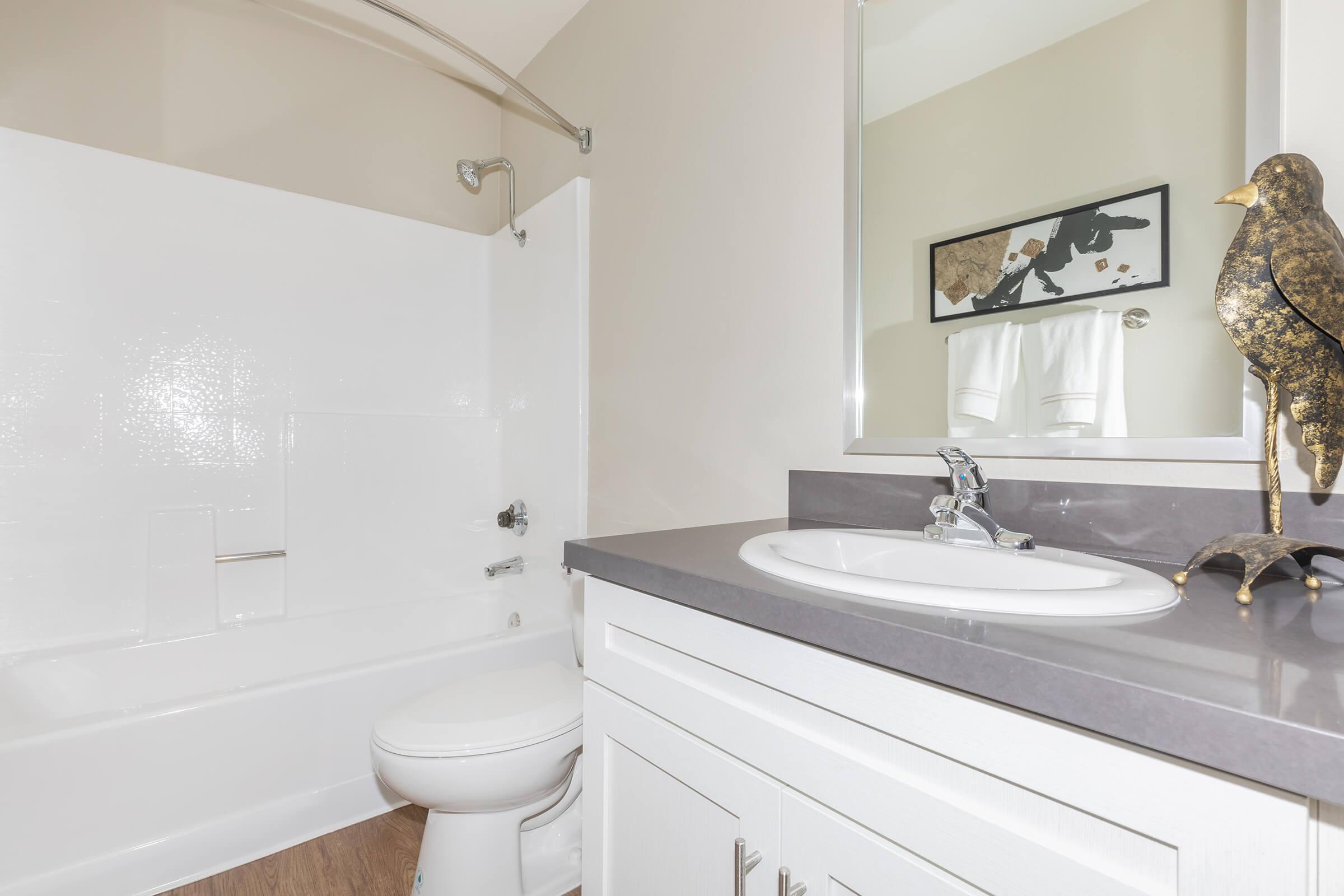 a room with a sink and a mirror