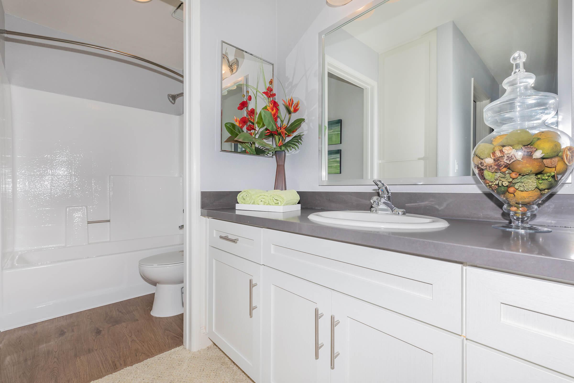 a white sink sitting under a mirror