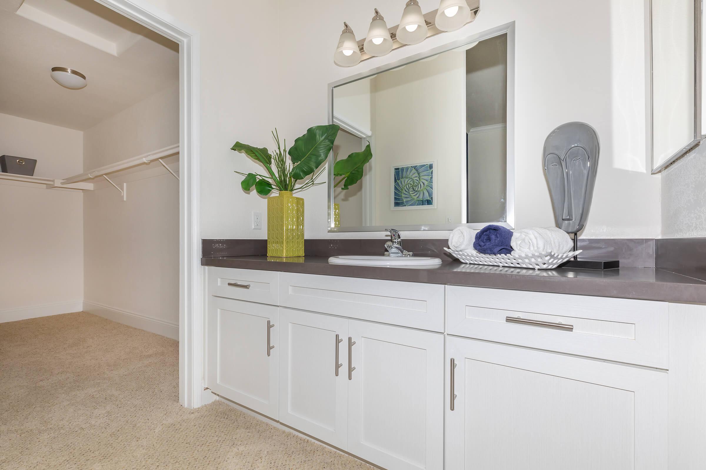 a room with a sink and a mirror