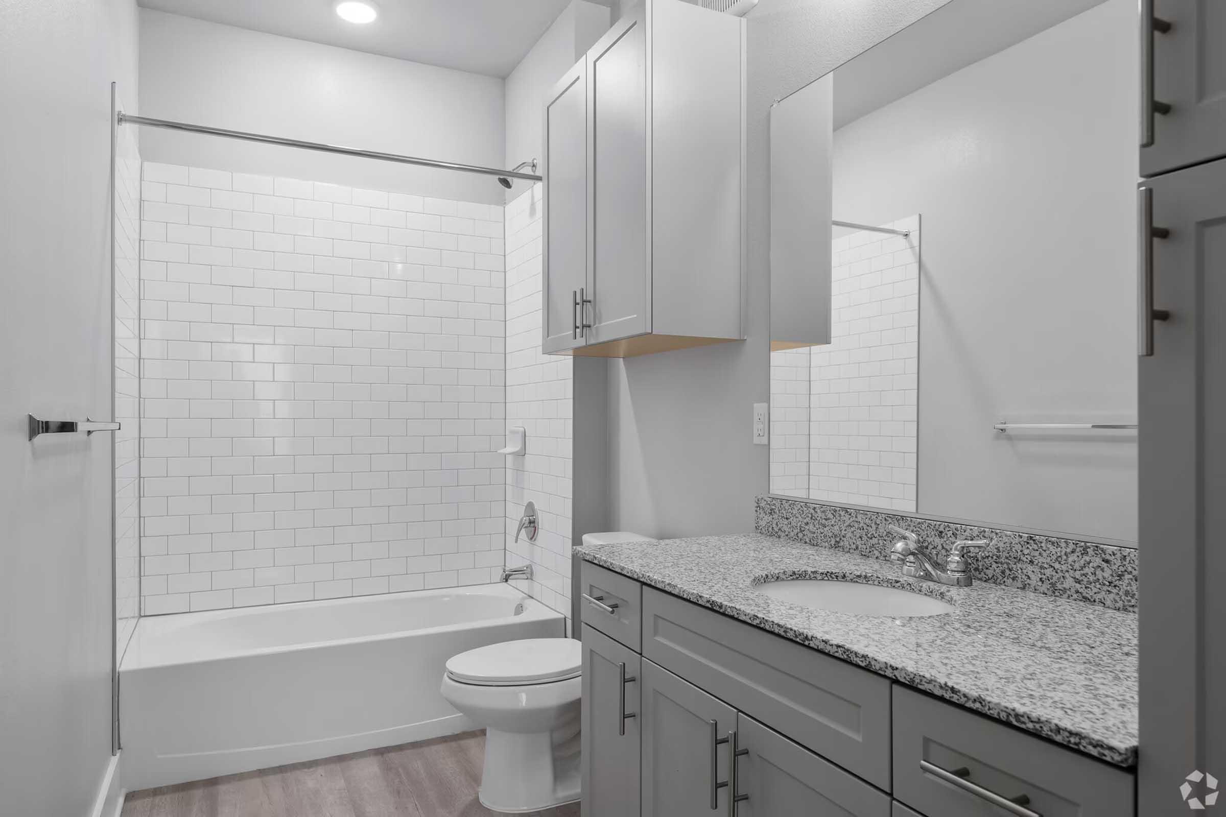A modern bathroom featuring a white tiled shower with a bathtub, a gray vanity with a granite countertop, a round mirror above the sink, and a clean, minimalist design. The space is well-lit with natural light coming from a window.