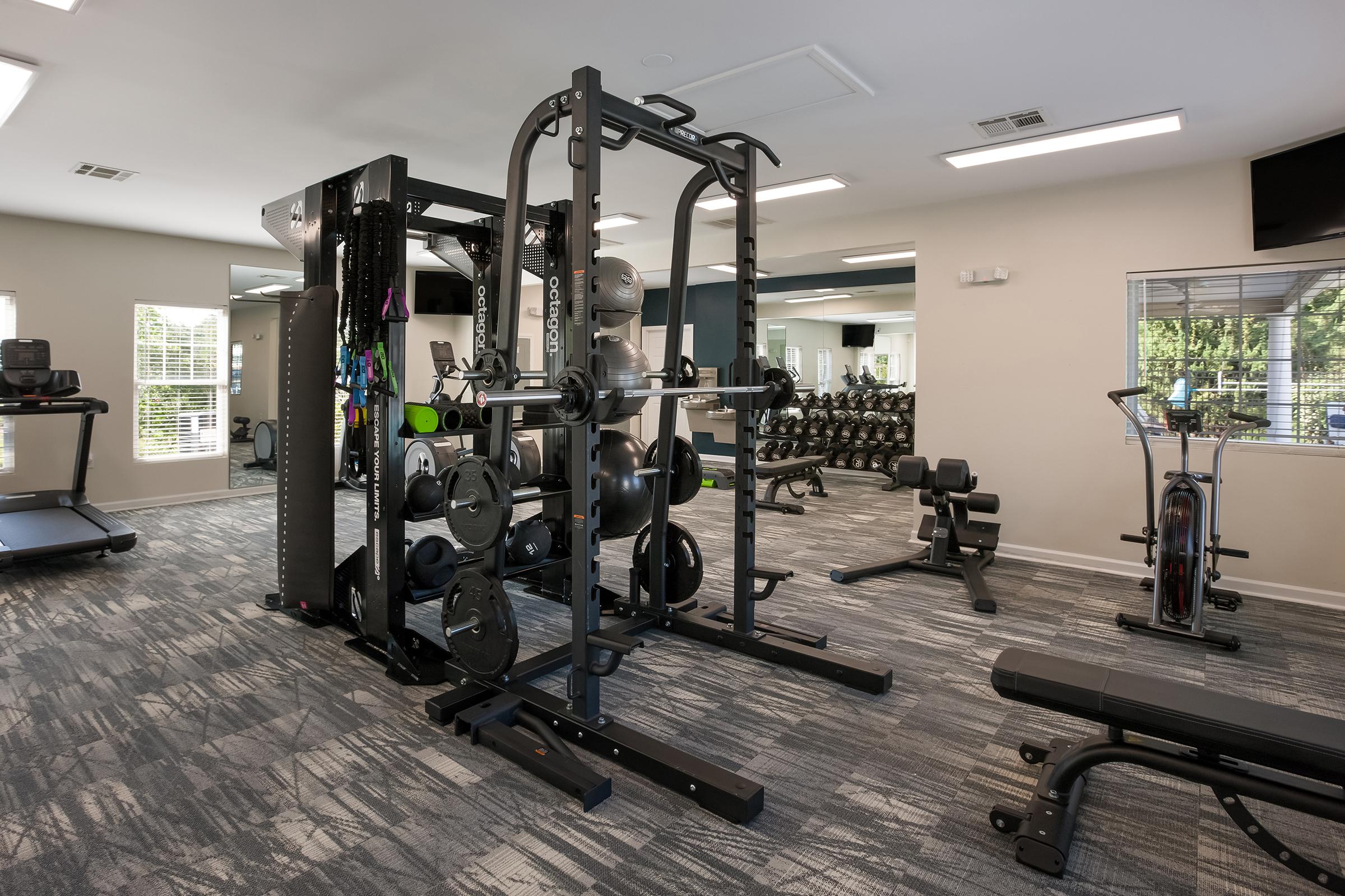 A modern gym interior featuring a squat rack with weights, a horizontal weight bench, a treadmill, and exercise bikes. Large mirrors reflect the equipment, and the space has ample lighting with a clean, organized layout. The flooring is a textured carpet, creating a welcoming workout environment.