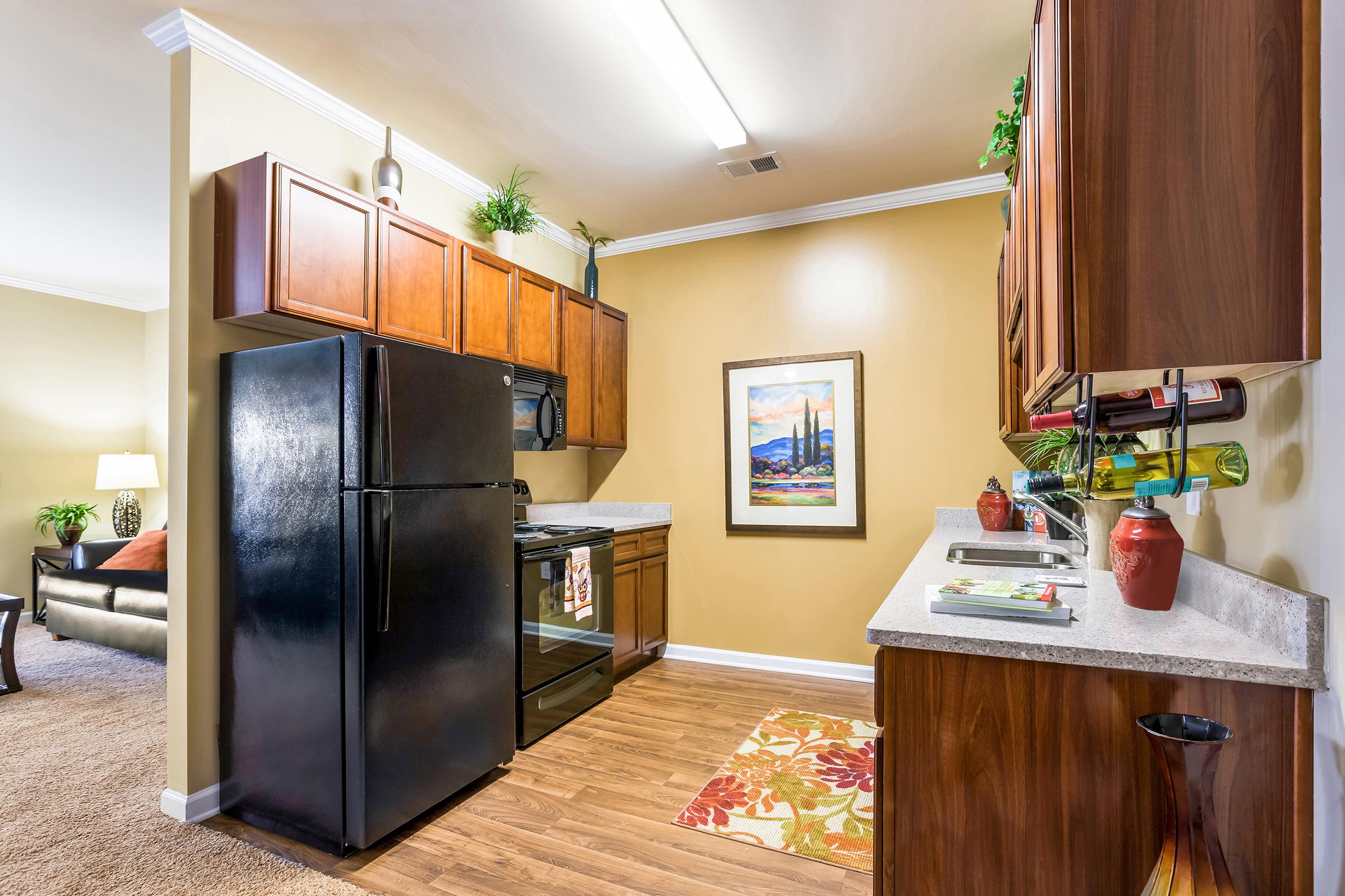 Modern kitchen featuring dark wood cabinetry, a black refrigerator, and an oven. The countertop includes a sink with utensils, and decorative items. A colorful rug lies on the floor. The wall is painted a warm light brown, and a framed painting adds a decorative touch. A living area is visible in the background.