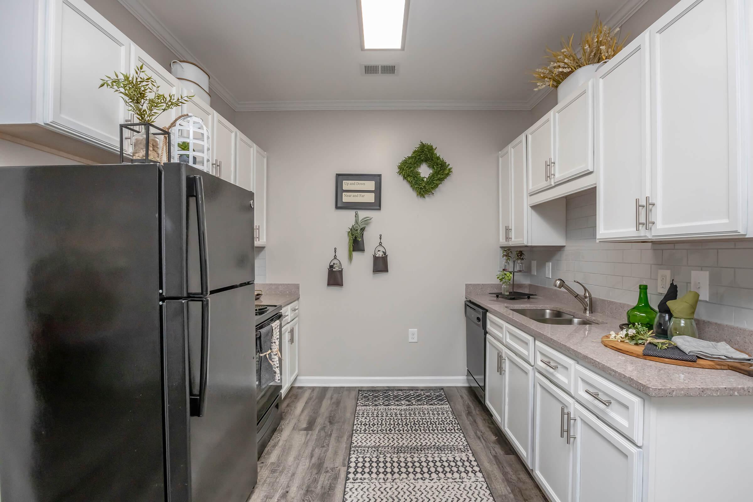Modern kitchen featuring white cabinets, granite countertops, and stainless steel appliances. A black refrigerator stands against the wall, complemented by decorative elements like a small plant and wall art. The floor is covered with a patterned rug, and natural light comes from an overhead fixture.