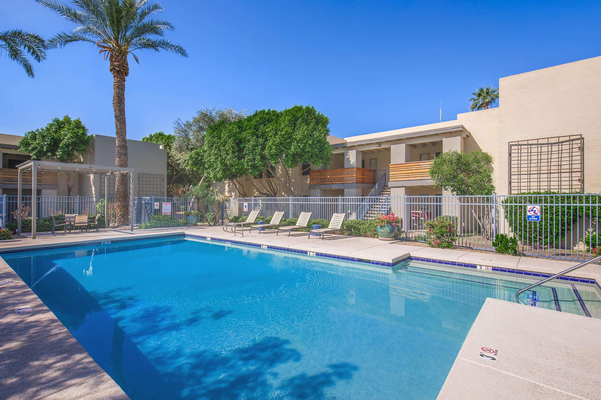 A tranquil swimming pool surrounded by lounge chairs and palm trees, with an adjacent building featuring balconies. The clear blue sky adds to the serene atmosphere of the setting.