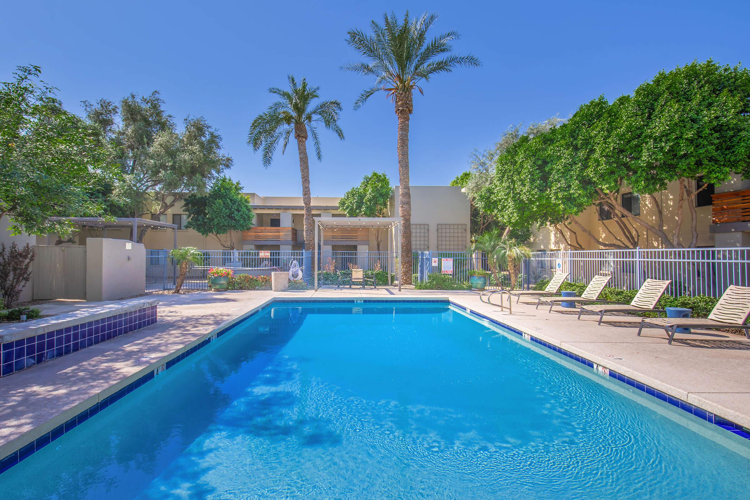 A clear blue swimming pool surrounded by lounge chairs, palm trees, and lush greenery. The pool area is well-maintained, with a fence in the background and a few buildings partially visible. The sky is bright and blue, indicating a sunny day.