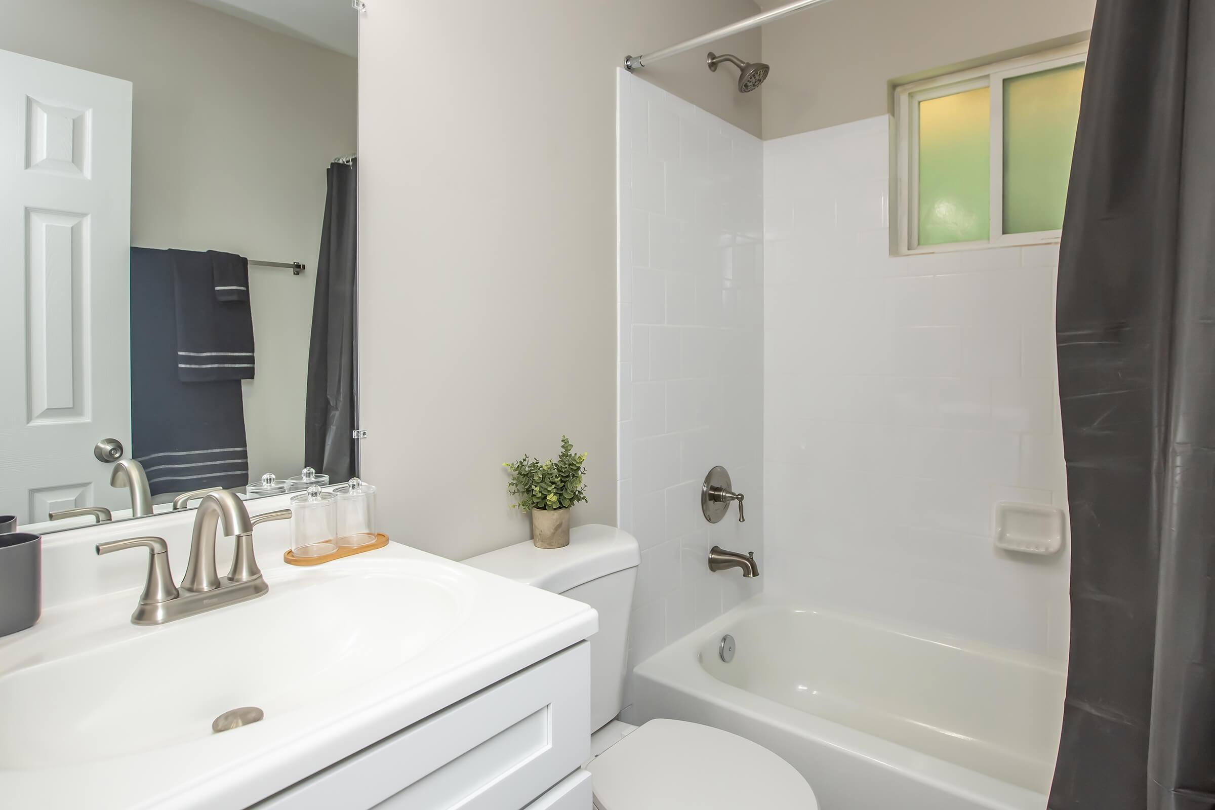 A clean, modern bathroom featuring a white bathtub and shower with clear glass panel, a white vanity with a sink, a small potted plant, a towel rack with dark towels, and a mirror reflecting the space. The walls are painted light gray, providing a bright and airy feel.