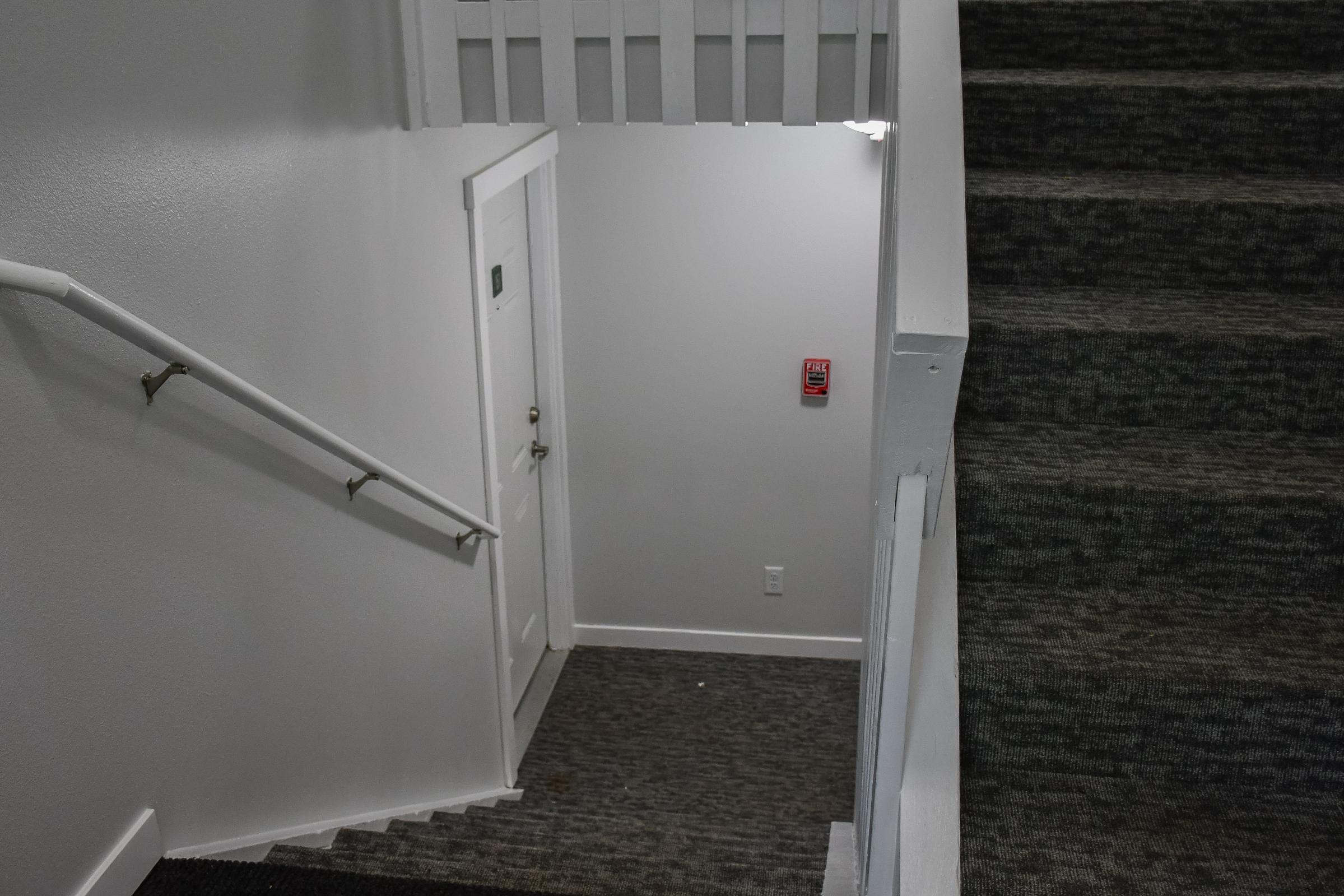 Interior view of a staircase leading down, featuring white walls and a gray carpet. A closed white door is visible at the bottom of the stairs, with an alarm panel mounted on the wall nearby. The space is well-lit, emphasizing the clean and simple design of the area.