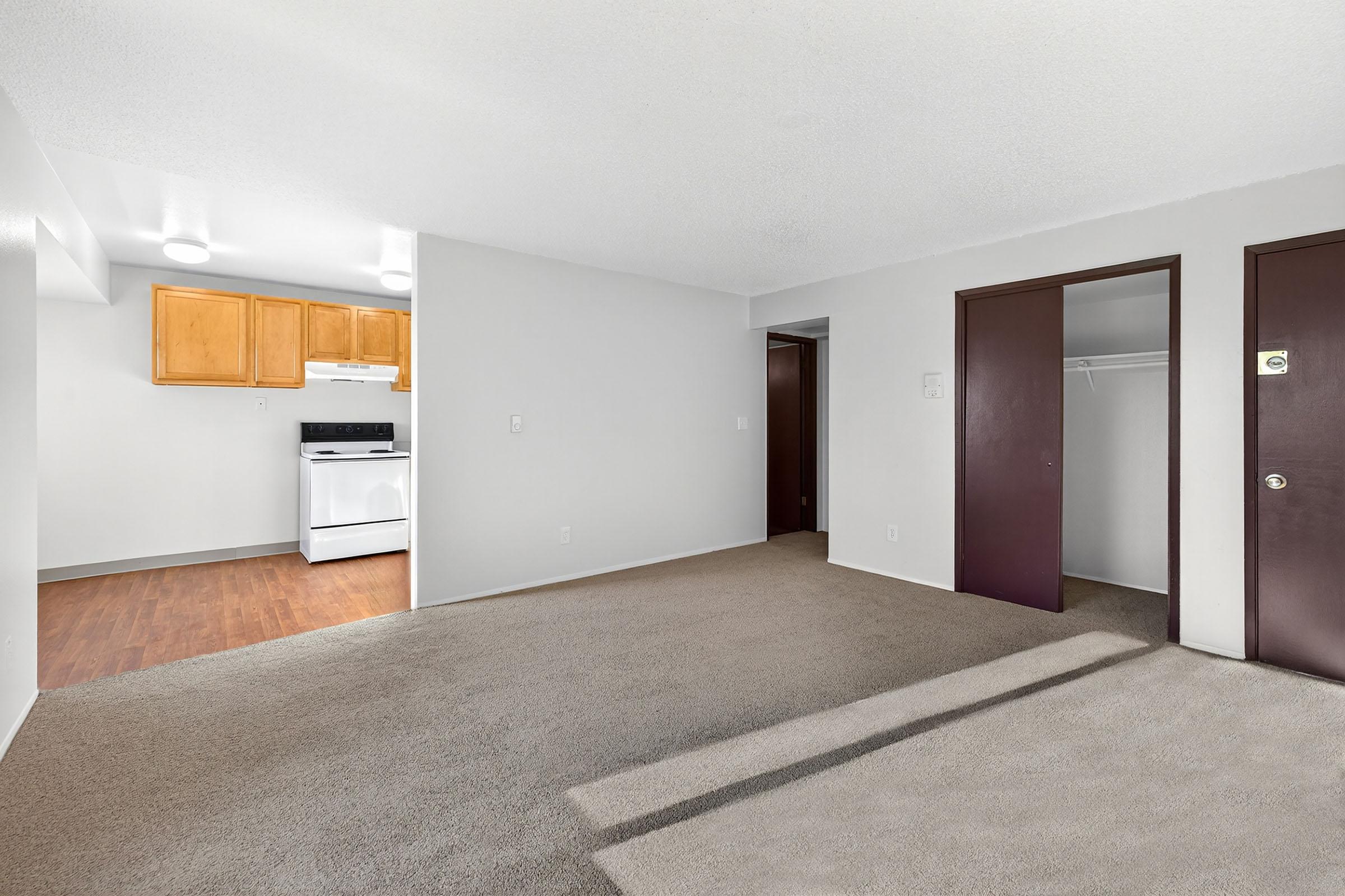 Interior view of an apartment's living area, featuring beige carpet, white walls, and wooden cabinets. The kitchen is visible in the background with a stove and refrigerator. To the right, there are two dark brown doors, one leading to a closet and the other to a hallway. Natural light comes from the left.