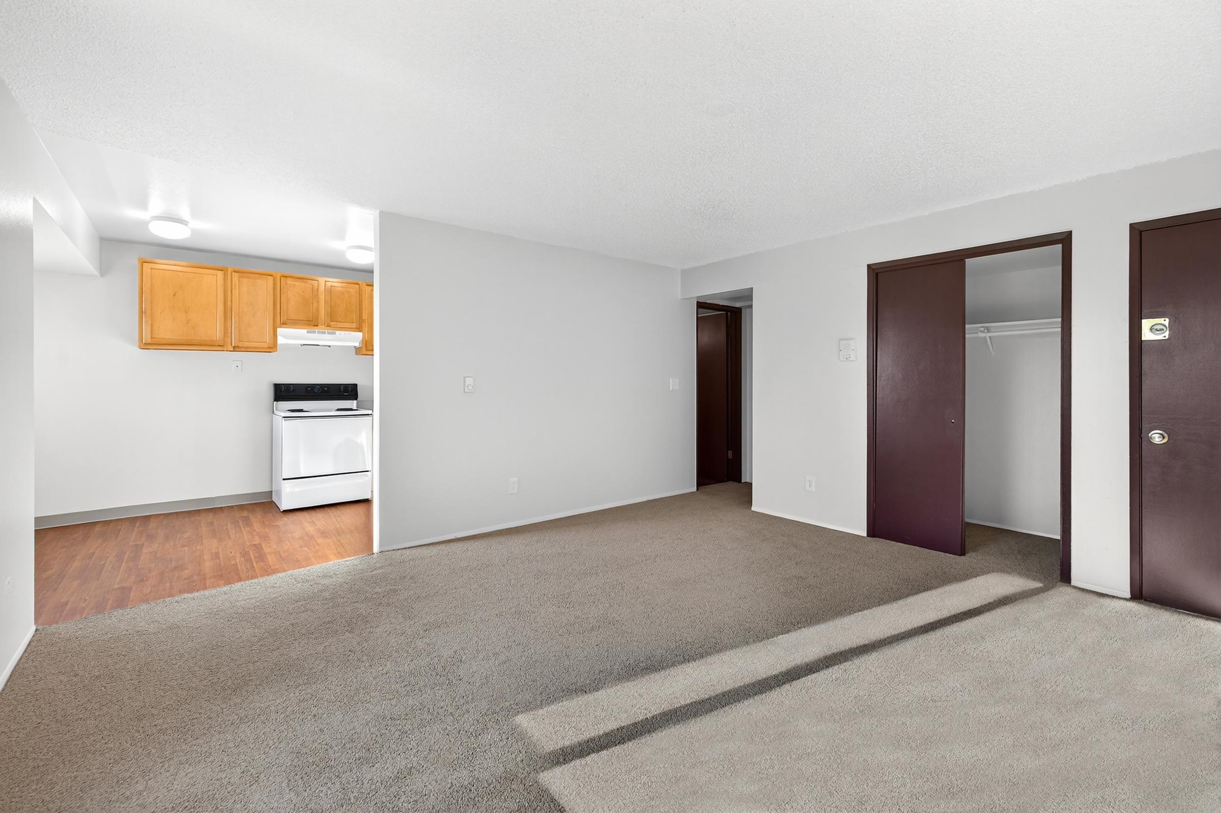 A bright and spacious living area featuring beige carpeting, light gray walls, and a kitchen in the background with wooden cabinets and an oven. Two dark-colored doors on the right lead to a closet and another room. The overall atmosphere is clean and inviting.
