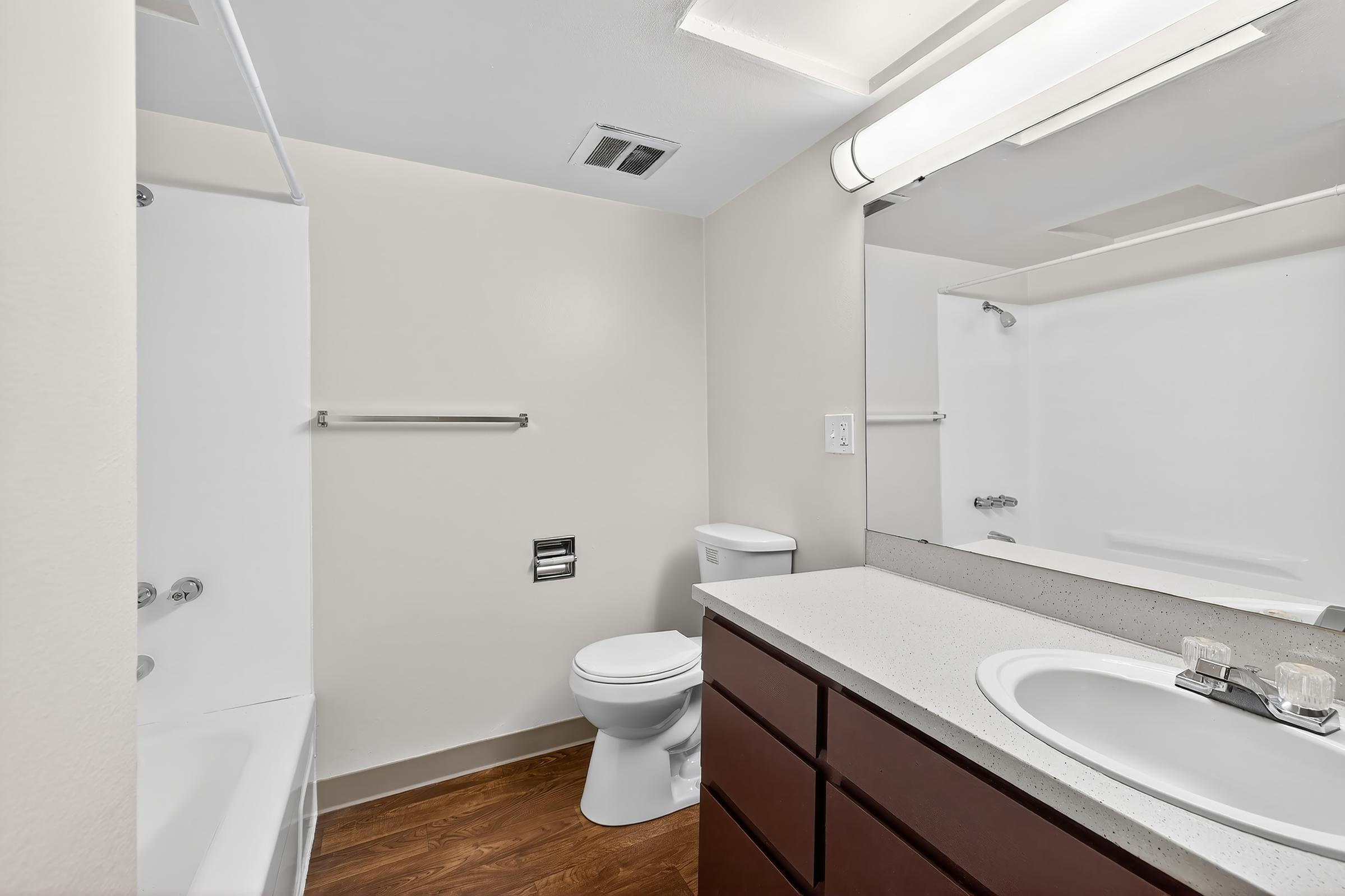 A modern bathroom featuring a bathtub with a shower, a toilet, and a vanity with a sink. The walls are painted in neutral tones, and the floor is made of wooden planks. A large mirror is mounted above the sink, illuminated by a bright light fixture.