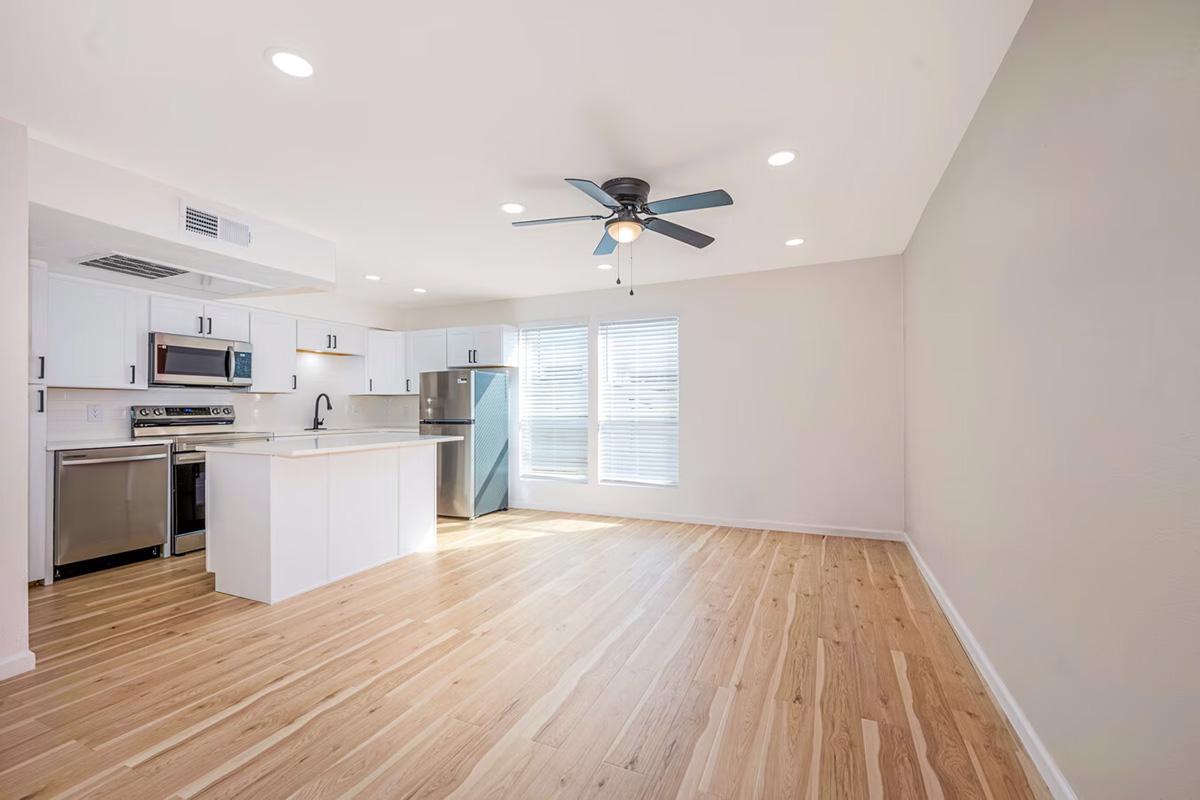 Modern kitchen and living area with light wood flooring. The kitchen features white cabinets, stainless steel appliances, and a ceiling fan. Large windows provide natural light, while the open layout enhances the spacious feel of the room.