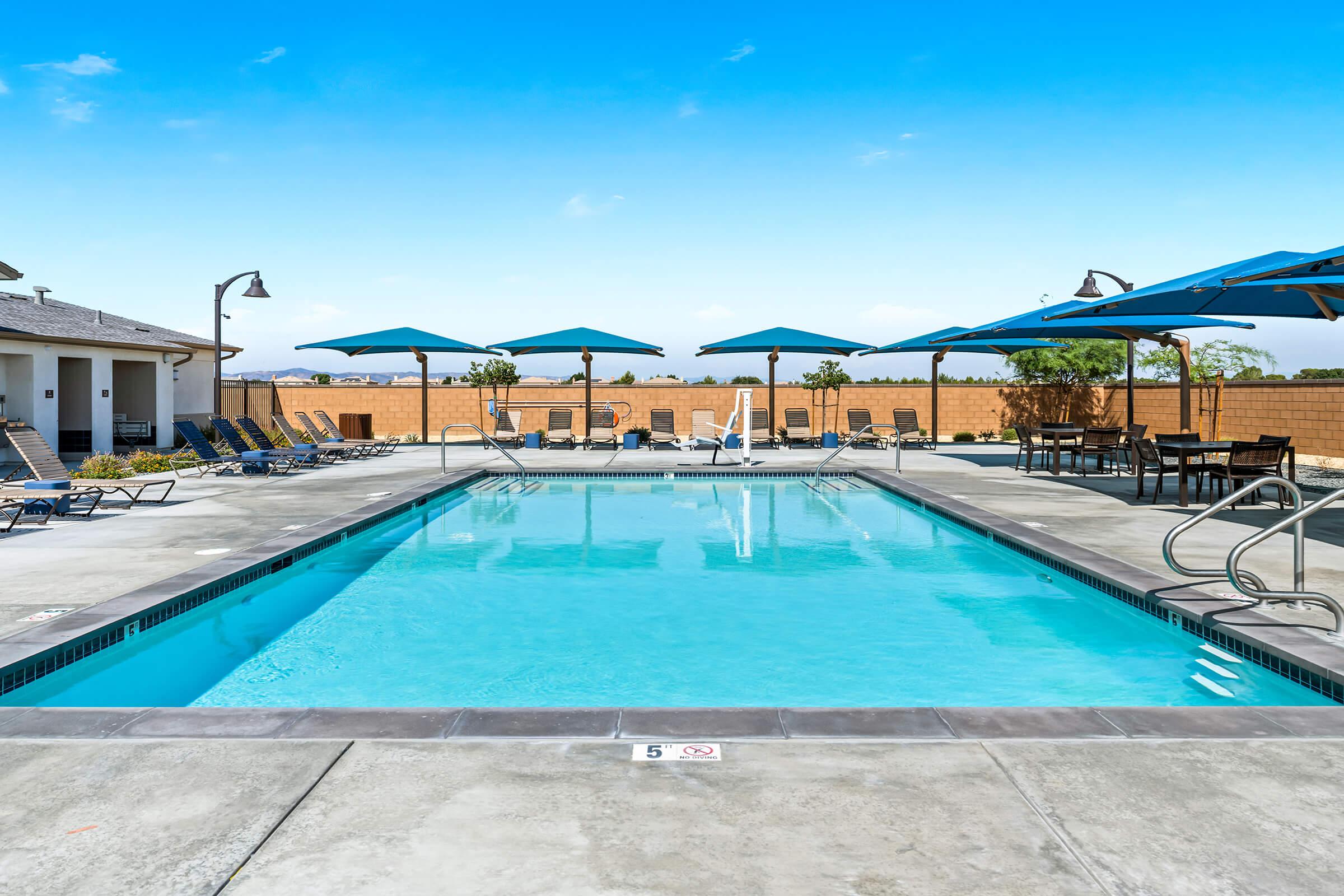 A clear swimming pool surrounded by lounge chairs and shaded by blue umbrellas. A bright blue sky above.