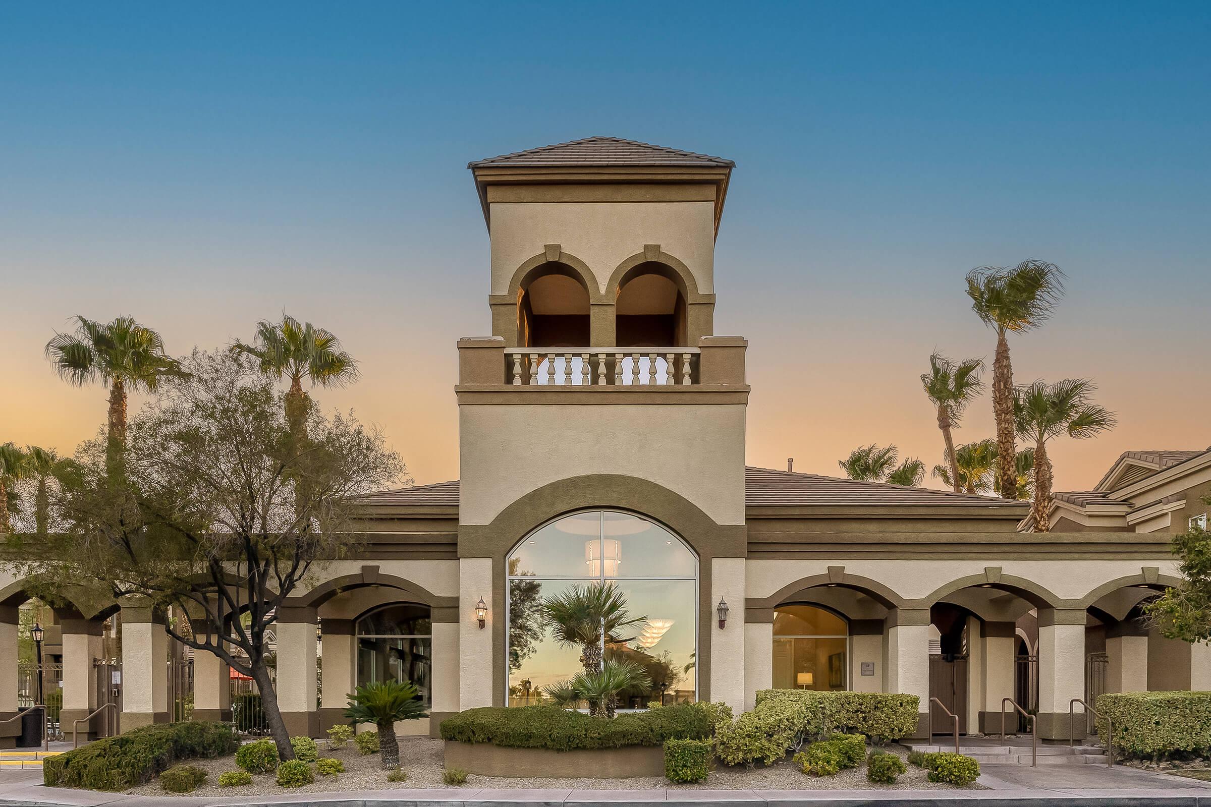 leasing office exterior at sunset