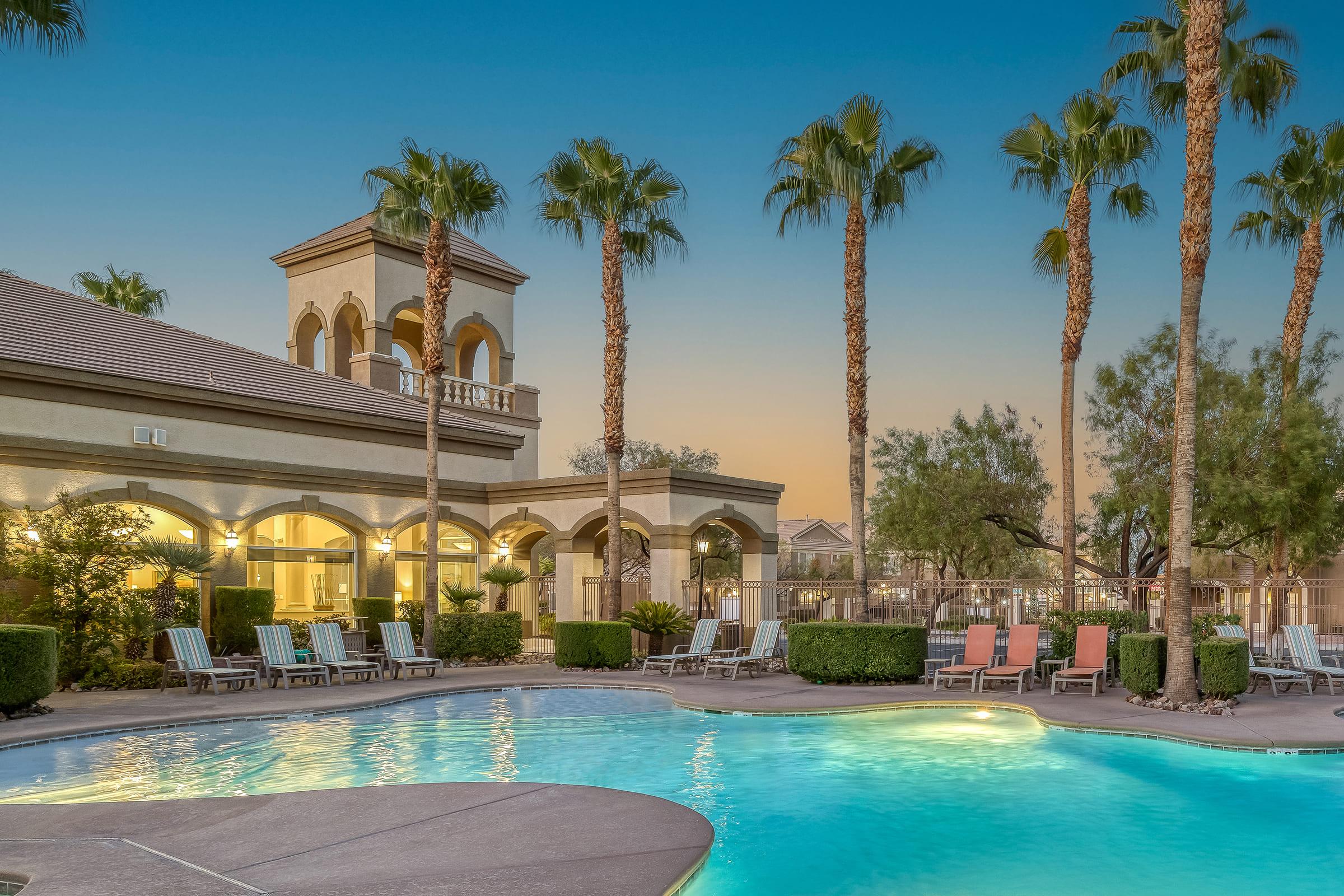 a pool at dusk