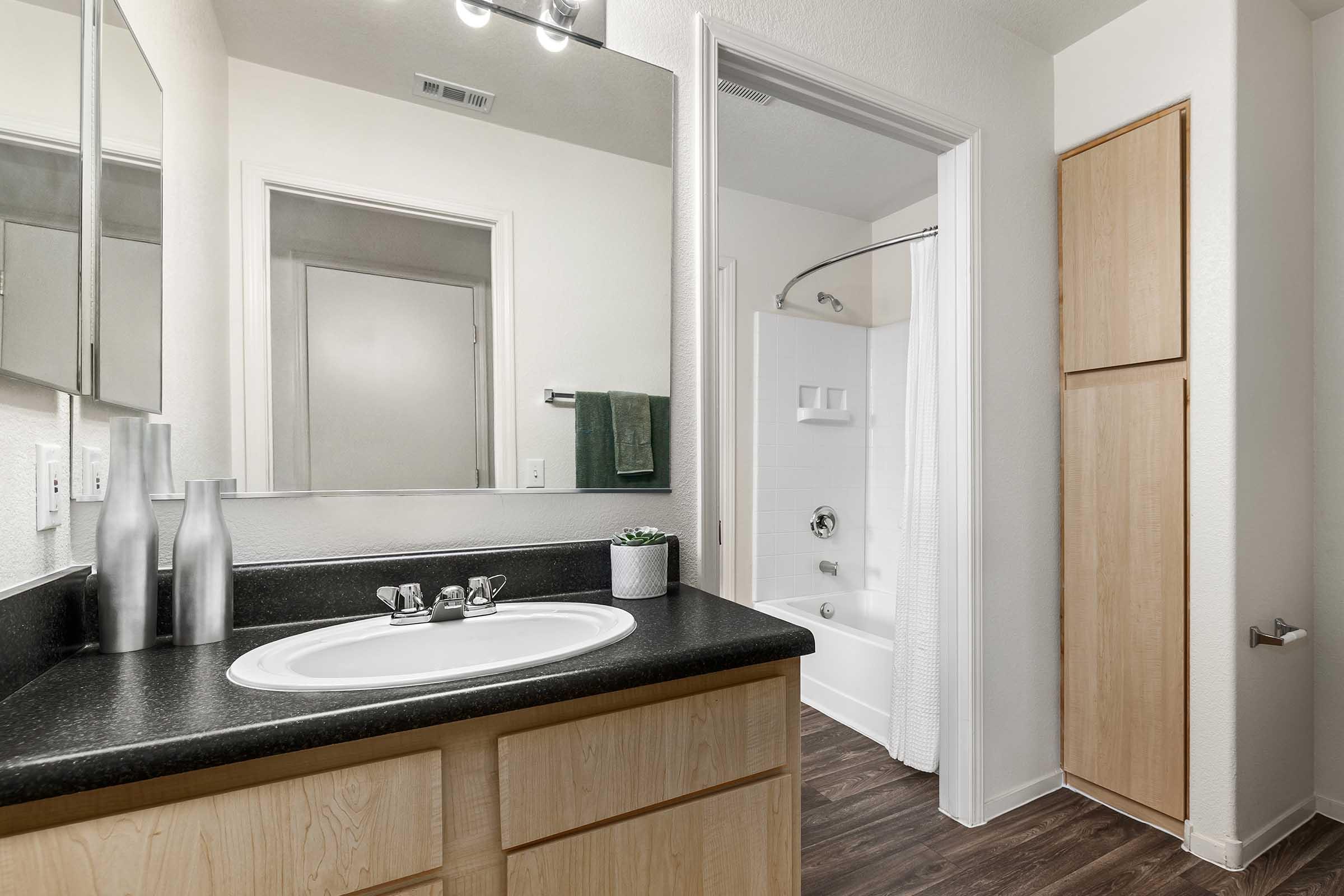 A modern bathroom featuring a dark countertop with a sink, two stylish vases, and a cabinet. The shower area includes a bathtub with a shower curtain, and there is a towel hanging on the wall. The walls are painted light, and the flooring is a dark wood finish, creating a clean and contemporary look.