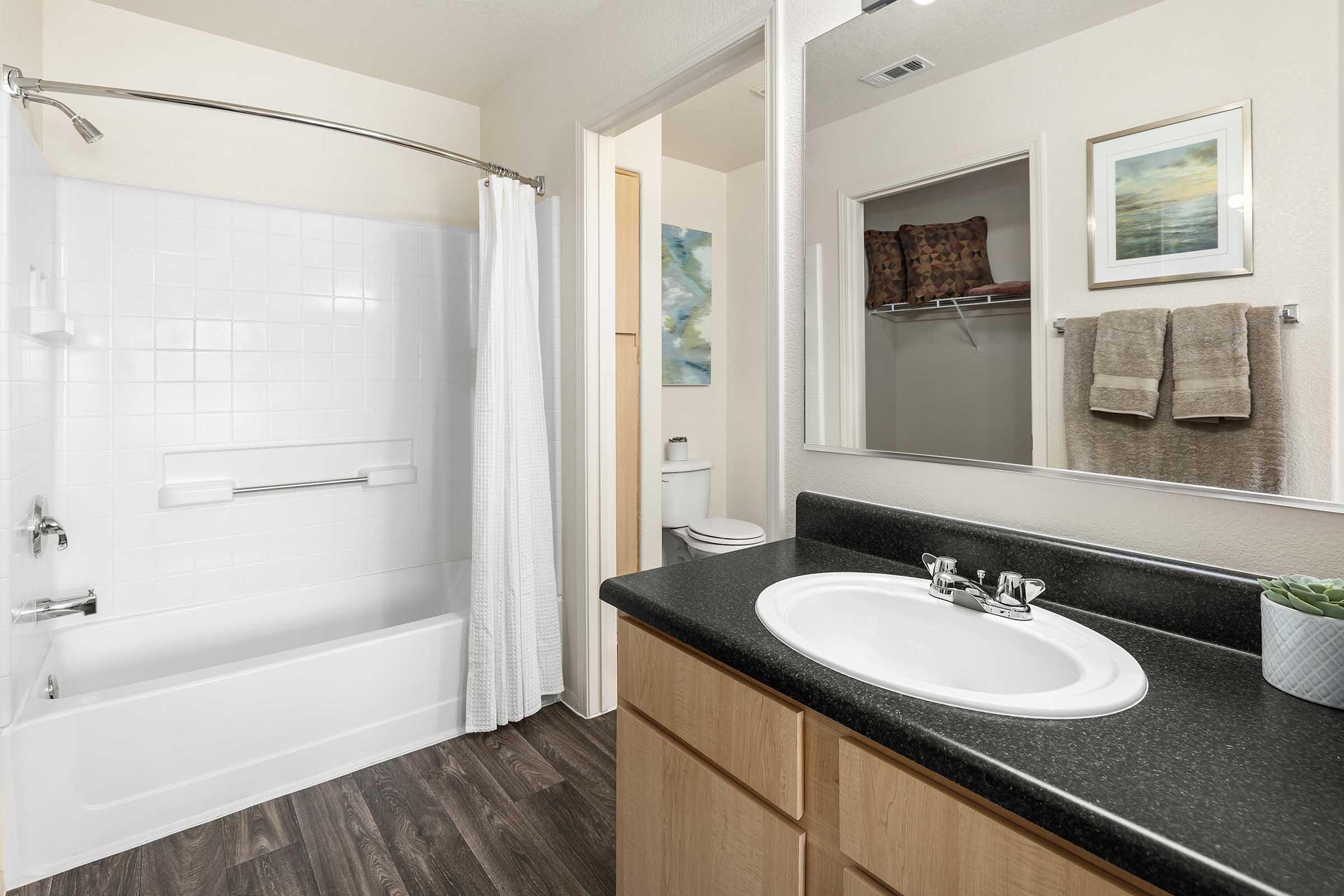 A clean and modern bathroom featuring a white bathtub with a shower curtain, a dark countertop with a sink, wooden cabinetry, and a mirror. The wall includes a framed artwork, and there are neatly arranged towels hanging nearby. An open closet is visible, adding to the overall spacious feel.