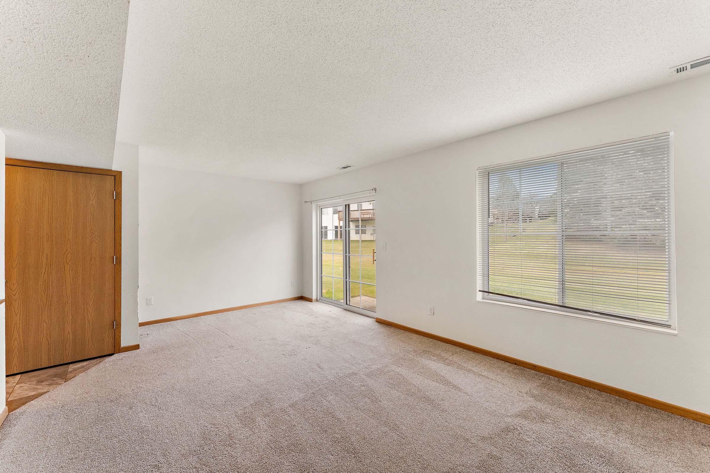 A spacious, empty room with beige carpet flooring and white walls. A large window with blinds allows natural light and offers a view of a grassy area outside. A wooden door leads to another room. The overall atmosphere is bright and airy.