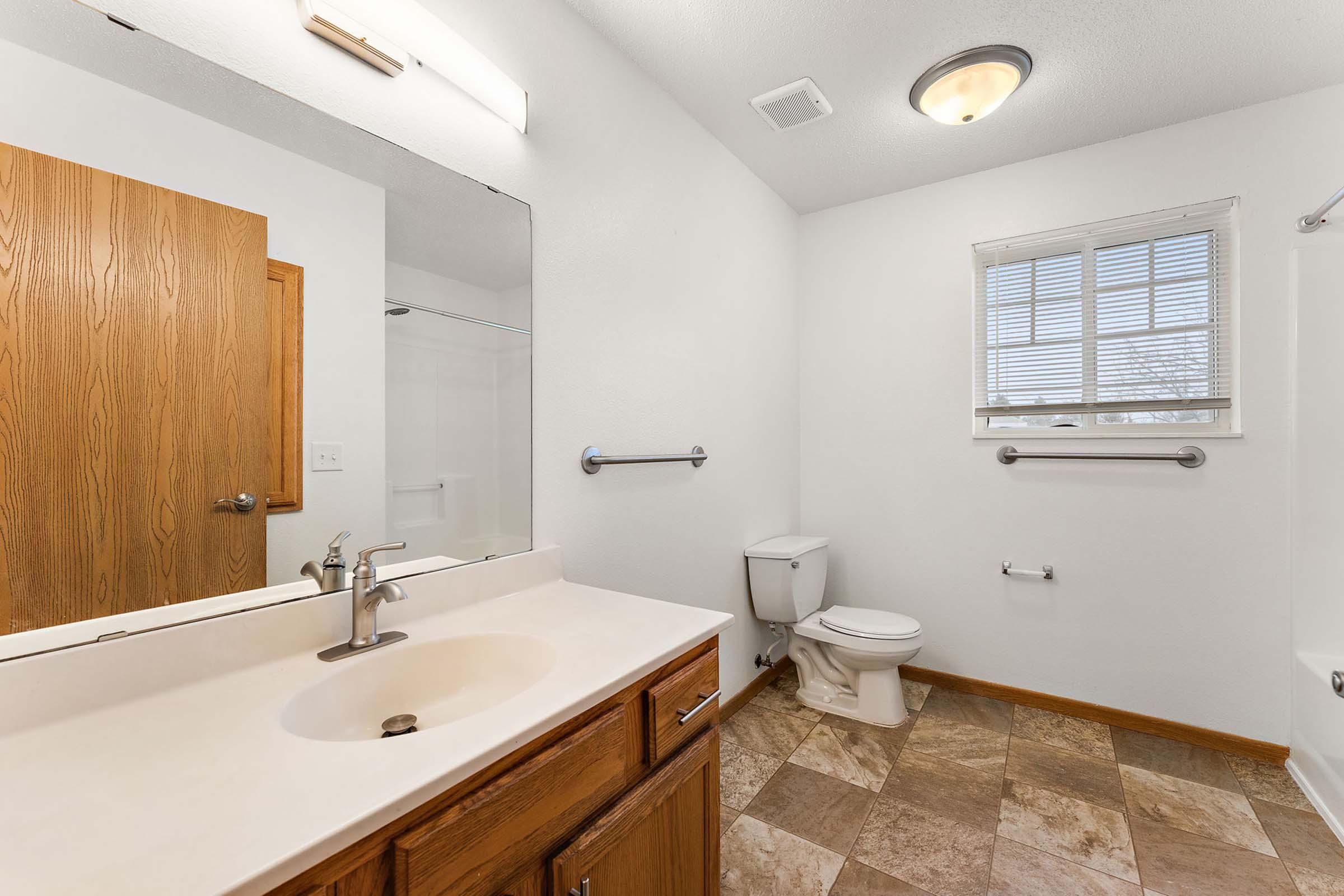 A clean, modern bathroom featuring a large mirror above a sink with wooden cabinets, a toilet, and a shower area. The walls are painted white, and there’s a window allowing natural light to enter. Floor tiles are a light brown pattern, and grab bars are installed for safety.