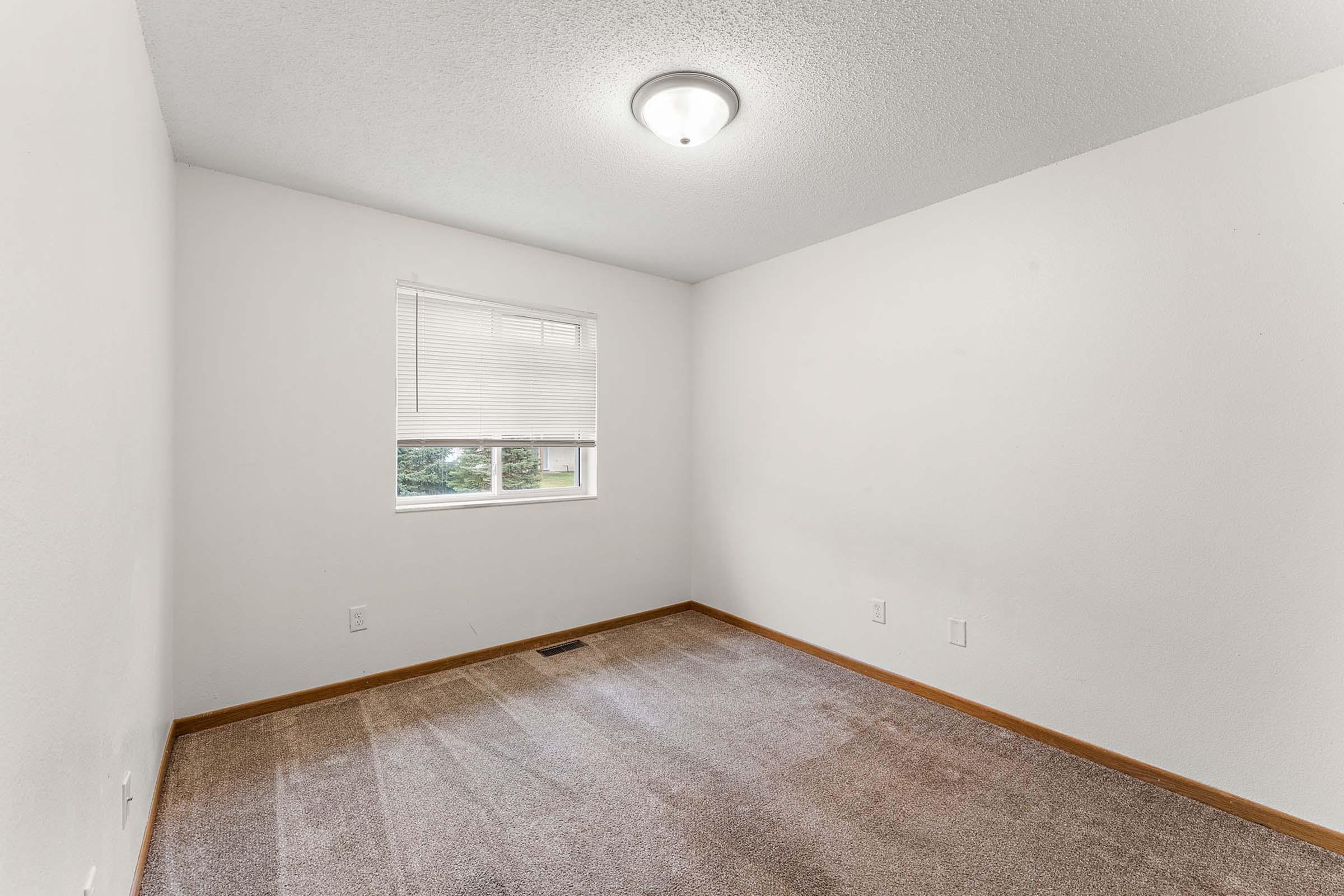 Empty room with light gray walls and a light brown carpet. A single window with white blinds allows natural light to enter. The ceiling features a flush-mounted light fixture. The space appears clean and unoccupied, providing a blank canvas for potential furnishings or decoration.