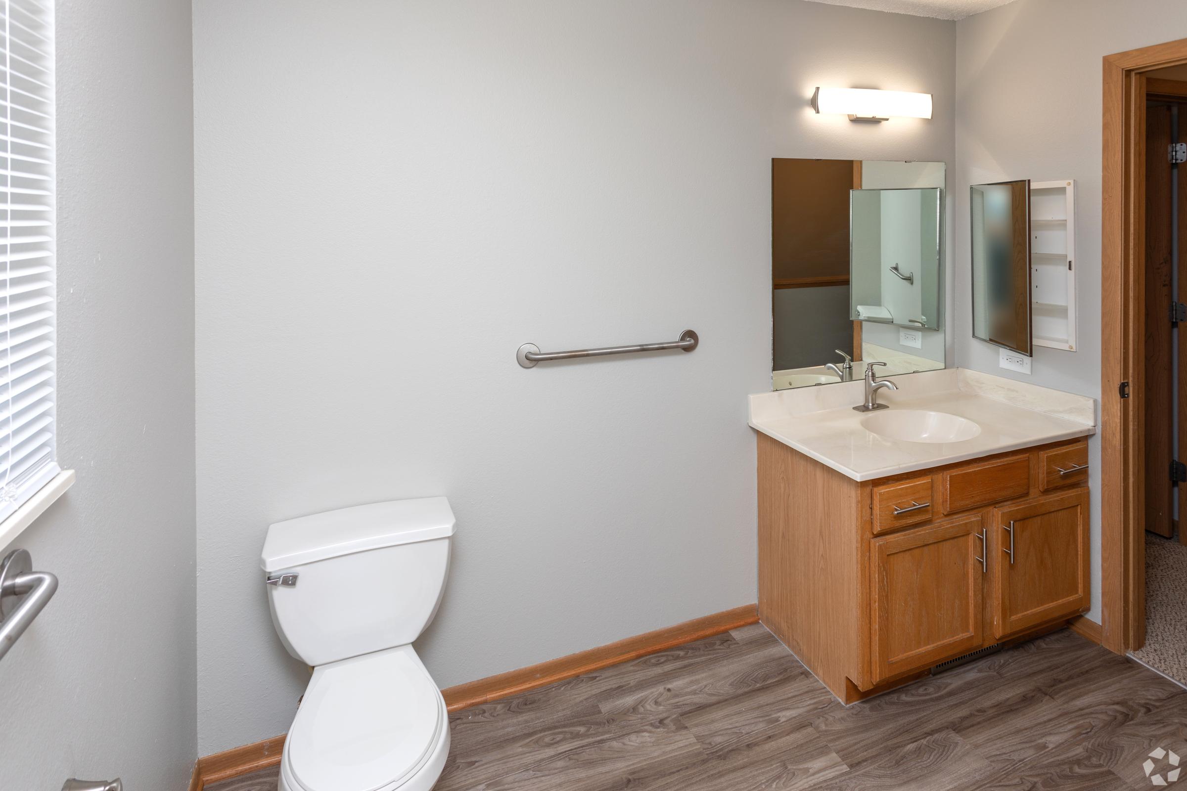 A modern bathroom featuring a white toilet, a wooden vanity with a sink, and a large mirror. The walls are painted light gray, and there is a towel bar installed. Natural light enters from a window, and the flooring is a laminate wood style.