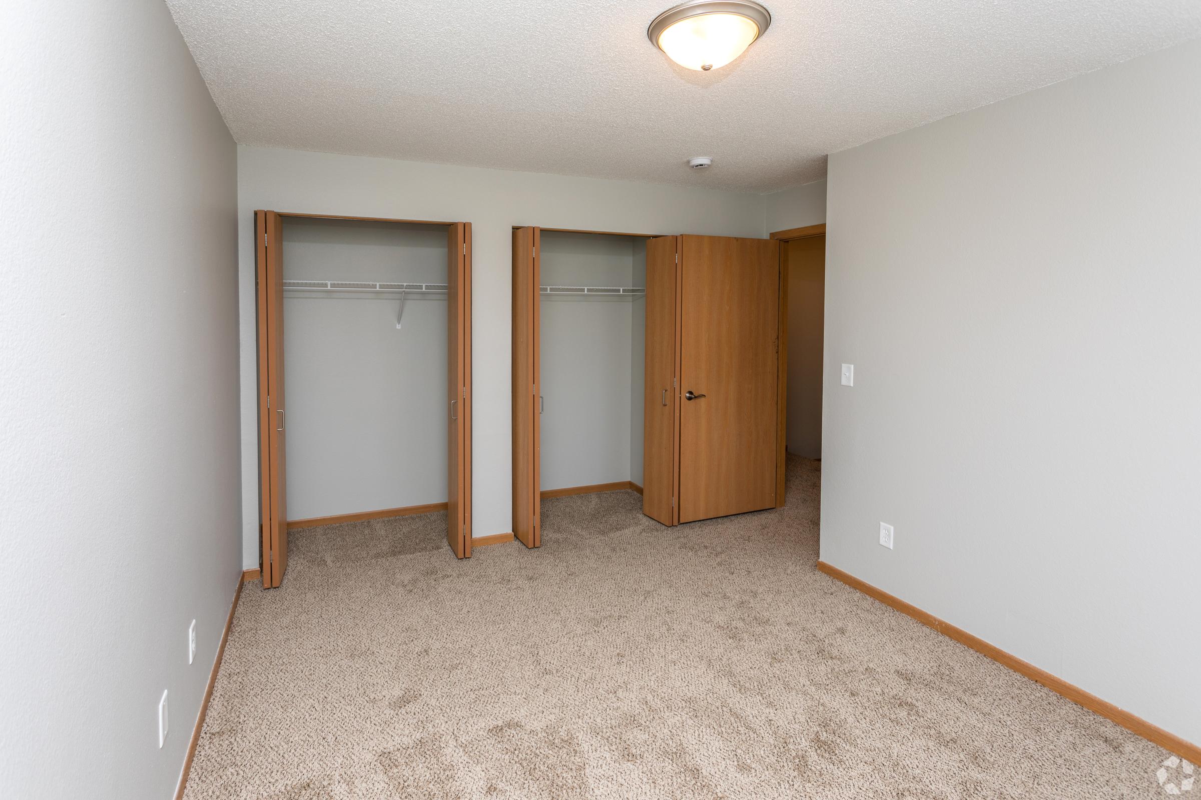 Empty room featuring light gray walls and carpet flooring. Two open closet doors on the left reveal shelves and hanging space. A simple light fixture is mounted on the ceiling. The entrance to another room is visible through an open door on the right. Overall, the space appears clean and modern.