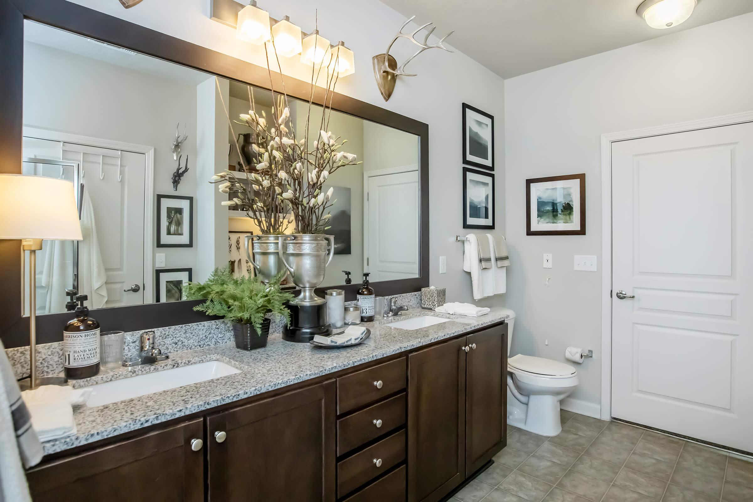 A modern bathroom with a double sink vanity, granite countertops, and dark wooden cabinets. The mirror above the vanity reflects decor items, including a silver vase with plants and framed artwork. The space features neutral walls, soft lighting, and a white toilet. A towel rack and door complete the design.
