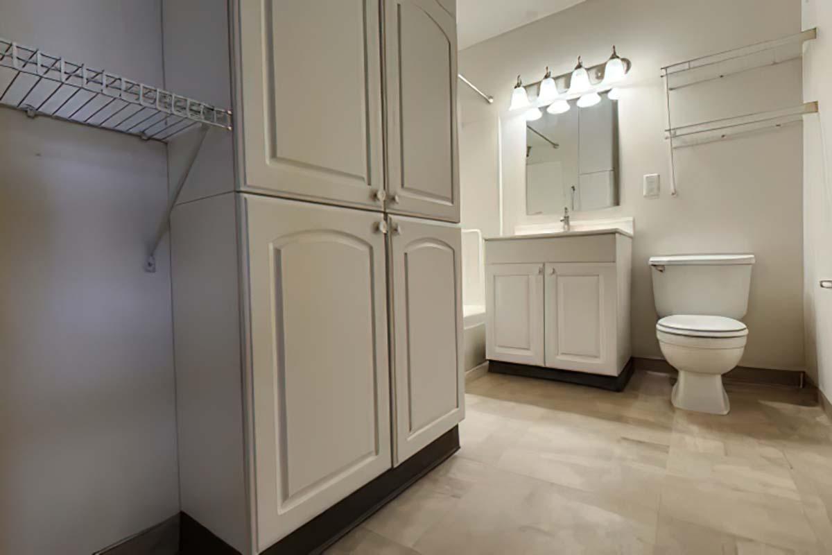 A clean and modern bathroom featuring a white vanity with a mirror and lighting above, a toilet, and tall cabinets for storage. The floor has a subtle tile pattern and there is wall shelving for additional organization. A space-saving design is evident in the layout.