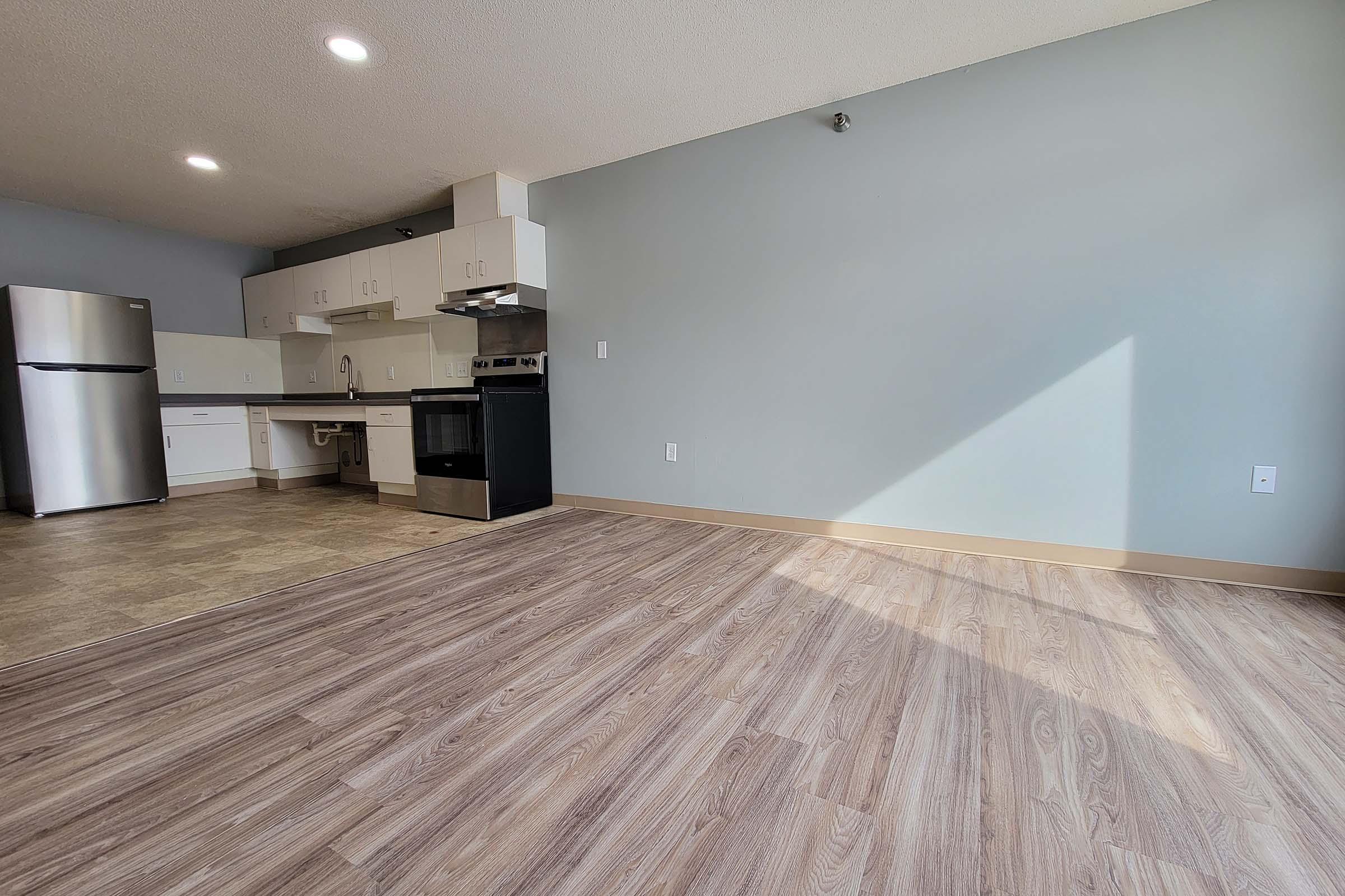 An empty room with light-colored walls and a large window. The kitchen area features modern stainless steel appliances, including a refrigerator and an oven. The flooring is a light wood laminate, and there's plenty of natural light entering from the window.