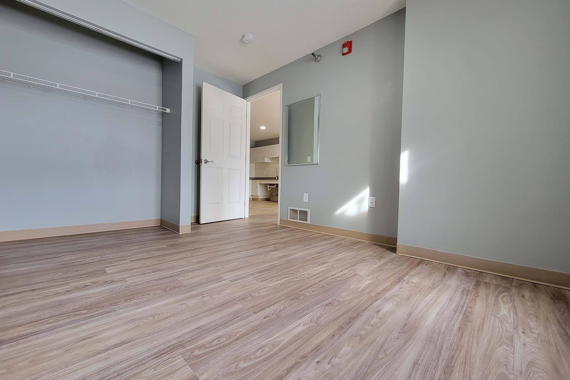 Empty room with light gray walls and wooden flooring. A closet on the left with an open shelf. A white door leading to another area is visible, along with a small mirror mounted on the wall. Natural light enters the room from a nearby window, creating a bright and spacious atmosphere.