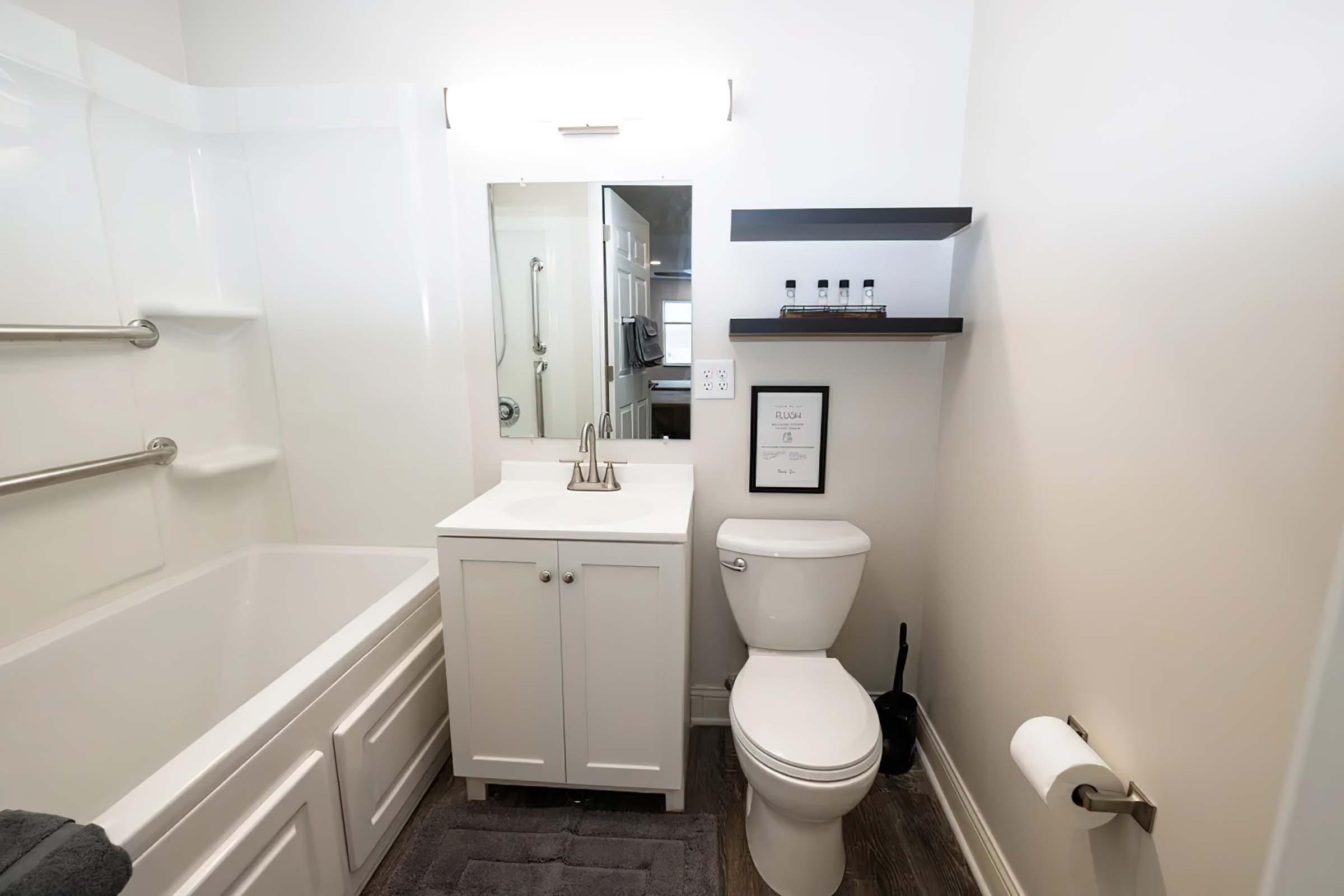 A clean, modern bathroom featuring a white bathtub with grab bars, a vanity sink with a large mirror, a toilet, and a small shelf with bottles. The walls are painted light, and there is a gray rug on the floor, creating a bright and inviting space.