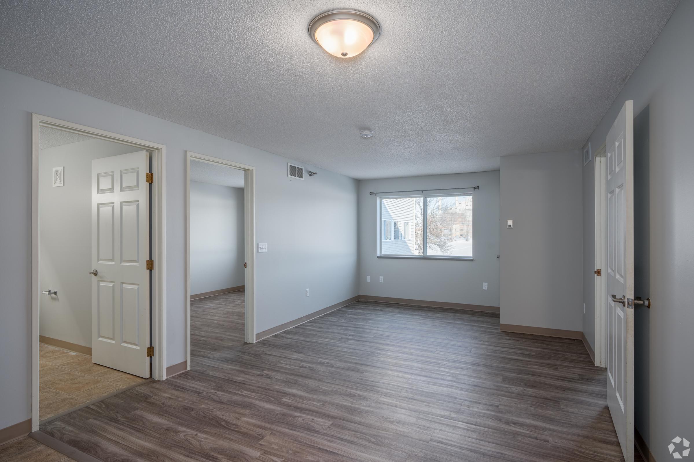 Spacious living area in a modern apartment, featuring light gray walls and wooden laminate flooring. Includes a ceiling light fixture, a window providing natural light, and doorways leading to adjacent rooms. The room is empty, showcasing a fresh and clean environment.