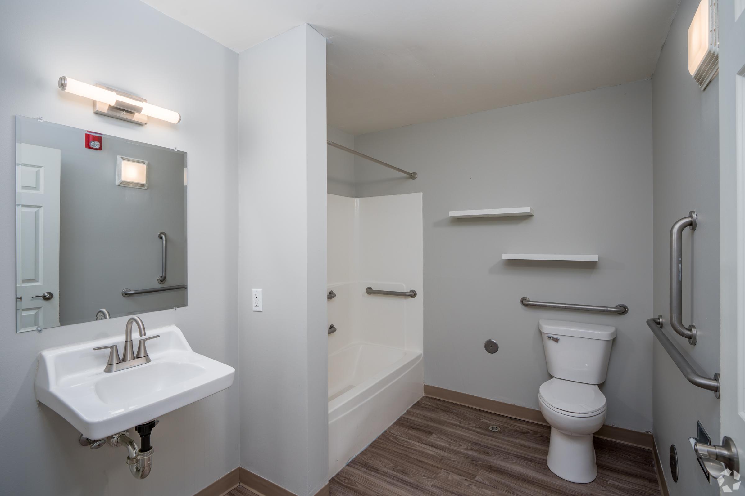 A clean, modern bathroom featuring a white sink and toilet, a shower area with a tub, and handrails for accessibility. The walls are painted light gray, and there are shelves for storage. A mirror is mounted above the sink, and the floor has wood-like vinyl flooring. Bright lighting enhances the space.