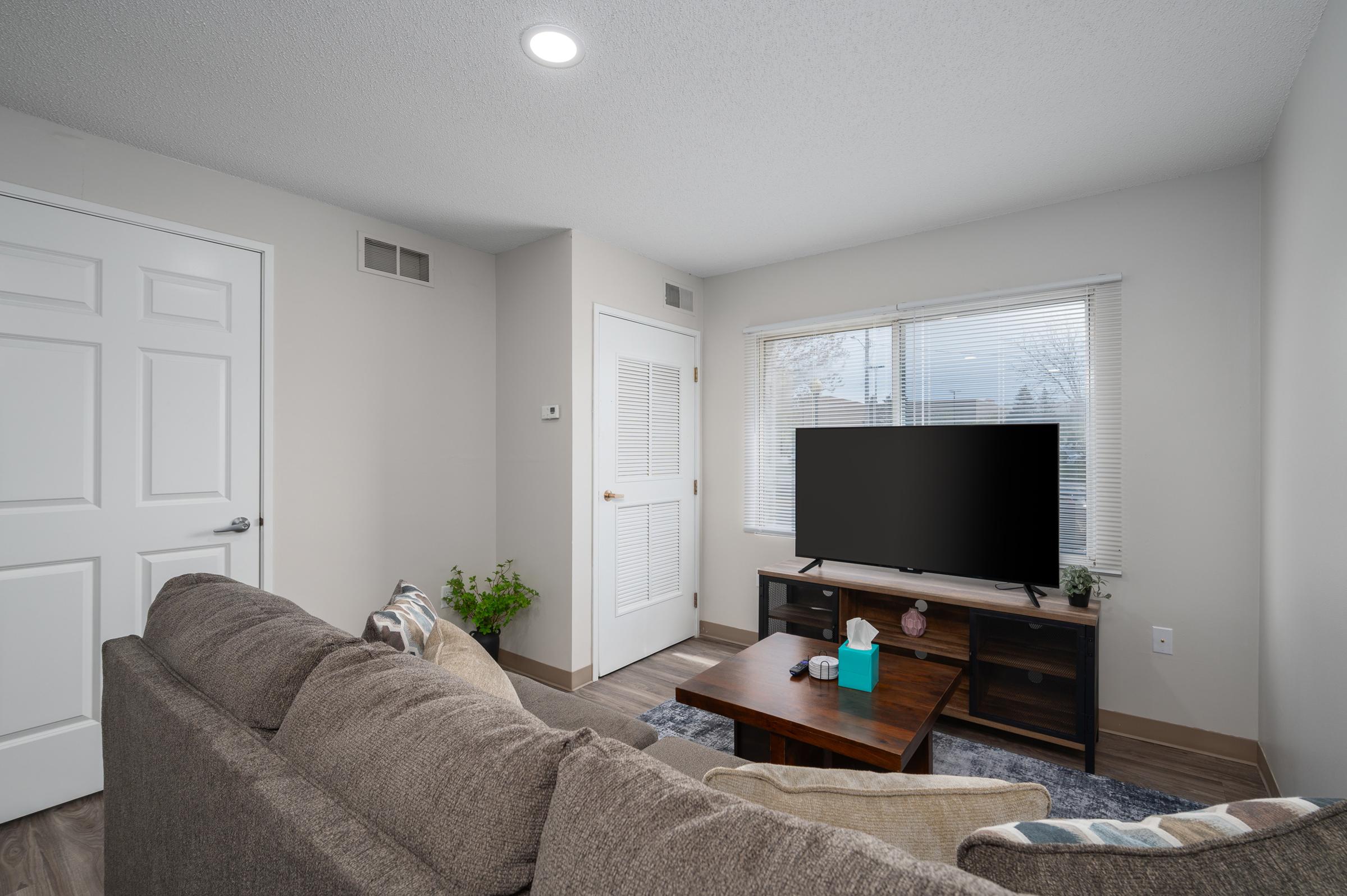 Cozy living room featuring a brown sofa with decorative pillows, a wooden coffee table, and a large TV on a low stand. There is a door on the right leading to another room, and a window letting in natural light. A small green plant adds a touch of greenery to the space.